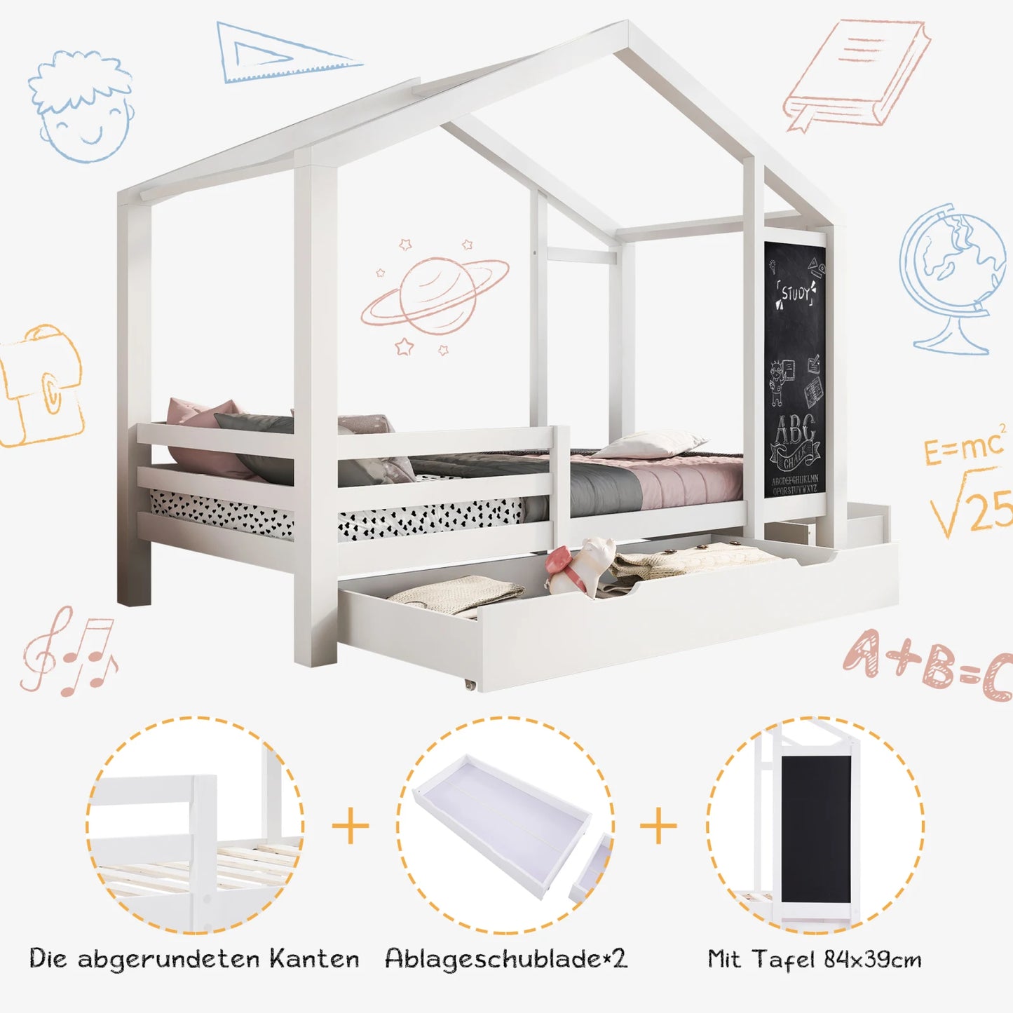 White Children's house bed 90x200 cm solid wood fence slatted frame belt blackboard and 2 drawers wooden bed (without mattress) - Buy Cheaply Furniture