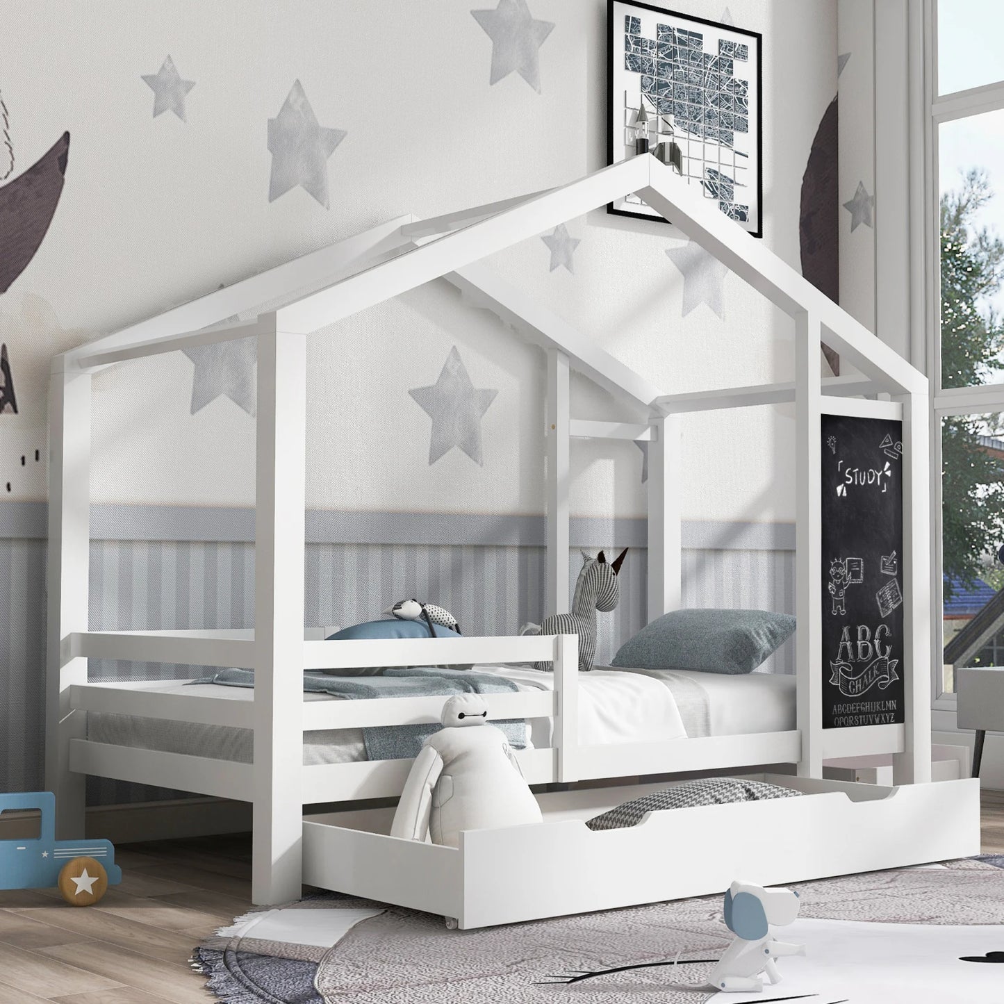 White Children's house bed 90x200 cm solid wood fence slatted frame belt blackboard and 2 drawers wooden bed (without mattress) - Buy Cheaply Furniture