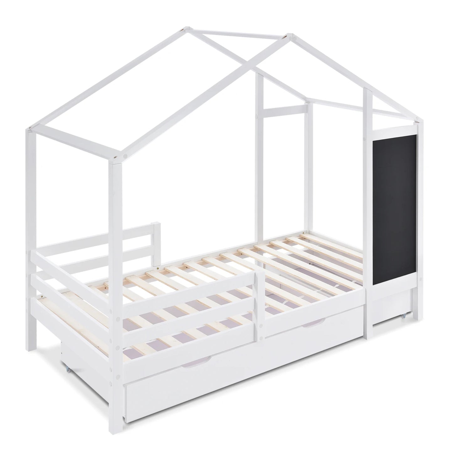 White Children's house bed 90x200 cm solid wood fence slatted frame belt blackboard and 2 drawers wooden bed (without mattress) - Buy Cheaply Furniture