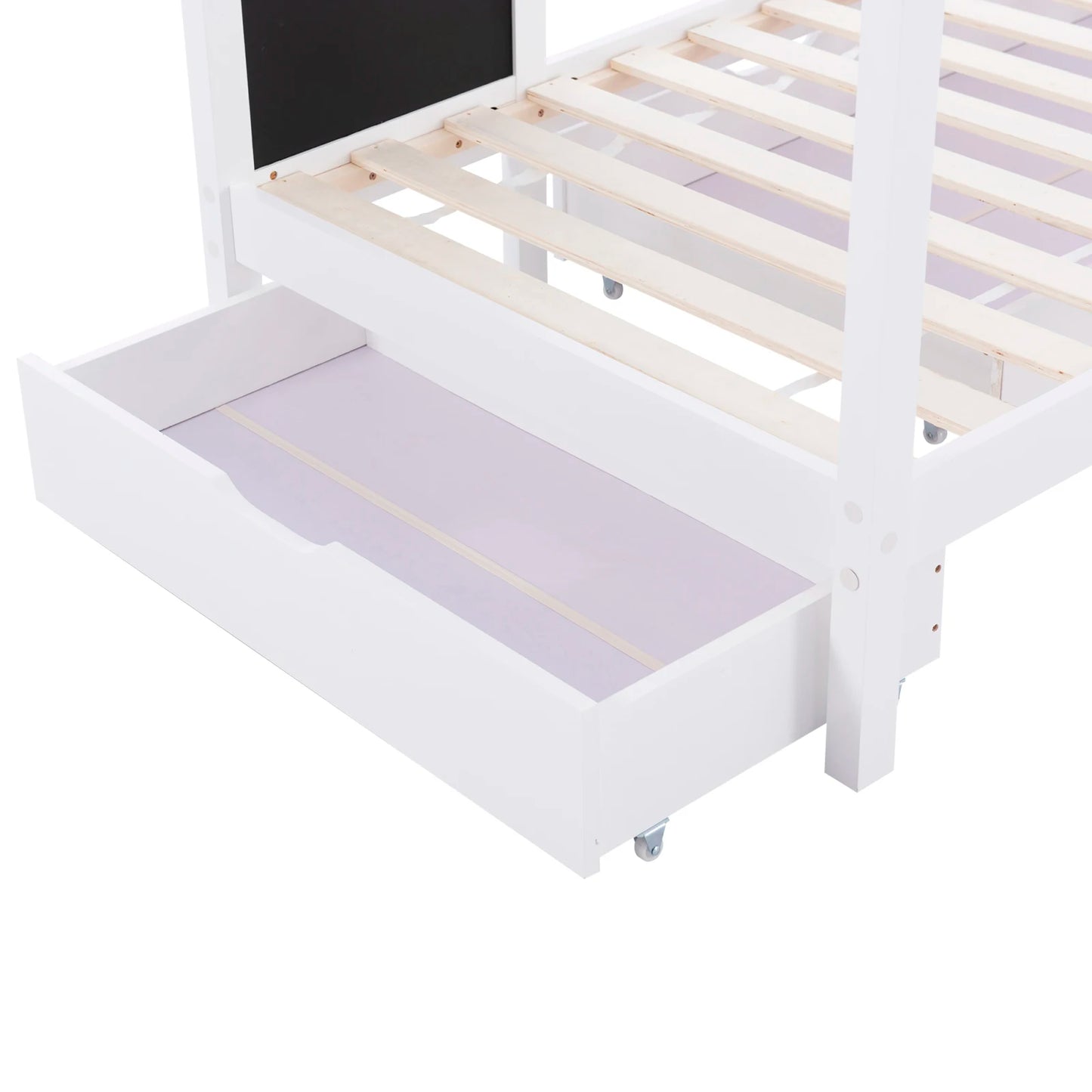 White Children's house bed 90x200 cm solid wood fence slatted frame belt blackboard and 2 drawers wooden bed (without mattress) - Buy Cheaply Furniture