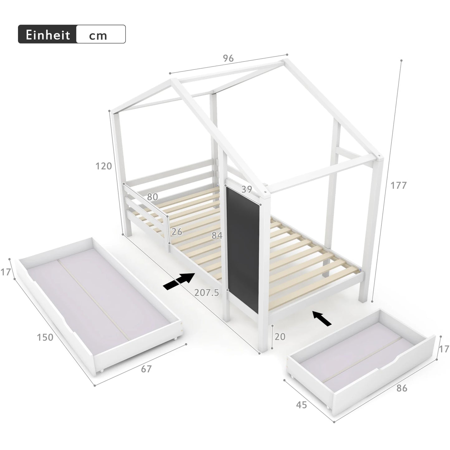White Children's house bed 90x200 cm solid wood fence slatted frame belt blackboard and 2 drawers wooden bed (without mattress) - Buy Cheaply Furniture