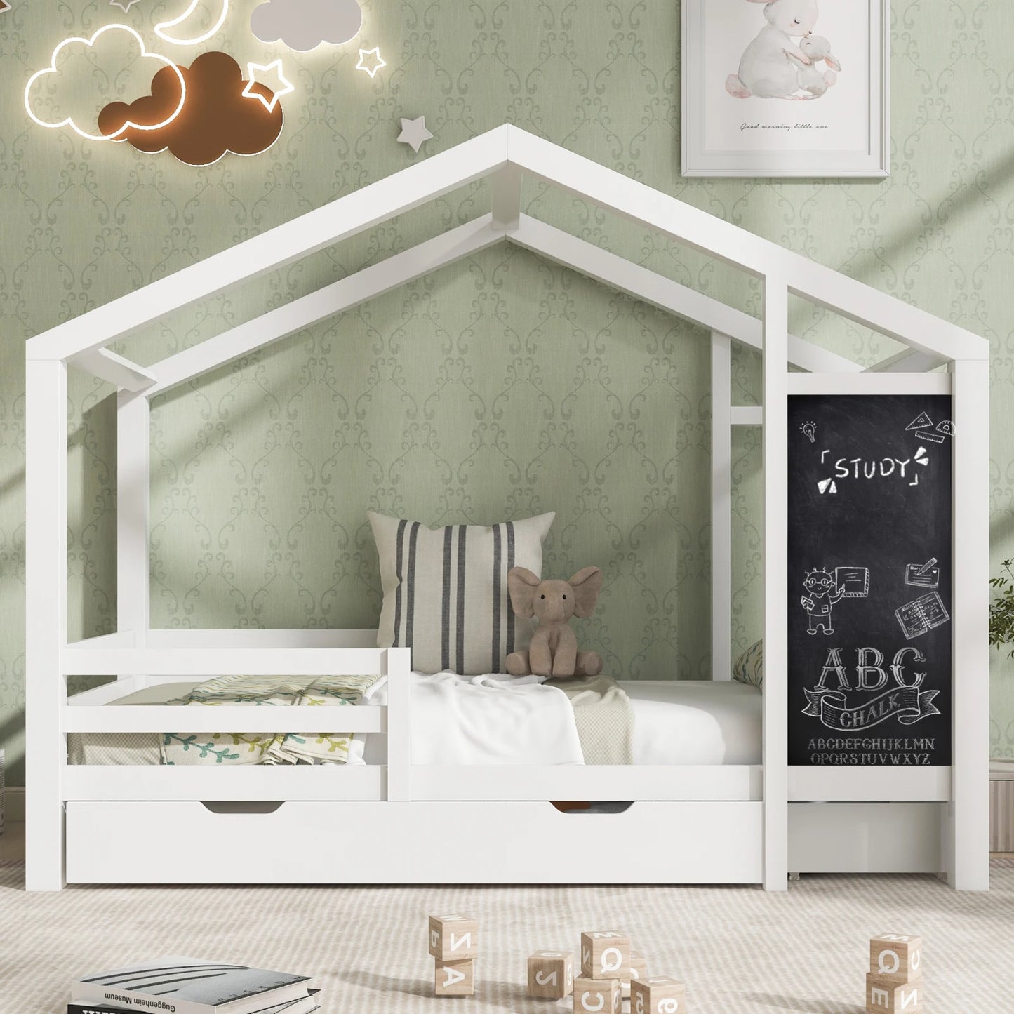 White Children's house bed 90x200 cm solid wood fence slatted frame belt blackboard and 2 drawers wooden bed (without mattress) - Buy Cheaply Furniture