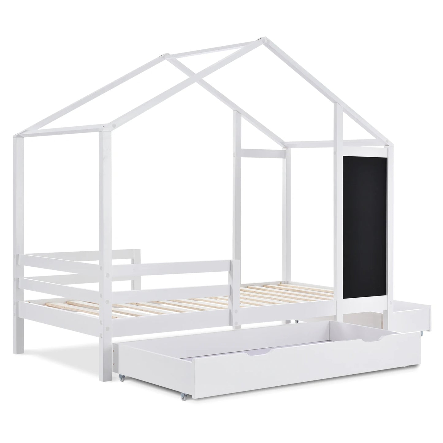 White Children's house bed 90x200 cm solid wood fence slatted frame belt blackboard and 2 drawers wooden bed (without mattress) - Buy Cheaply Furniture