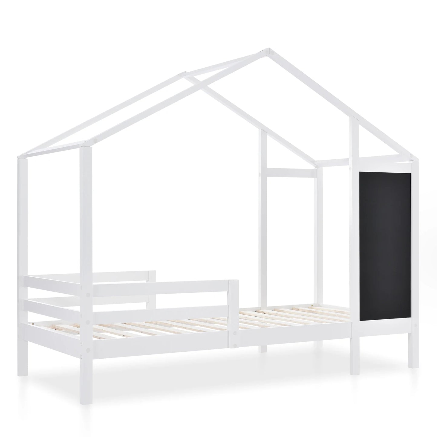 White Children's house bed 90x200 cm solid wood fence slatted frame belt blackboard and 2 drawers wooden bed (without mattress) - Buy Cheaply Furniture