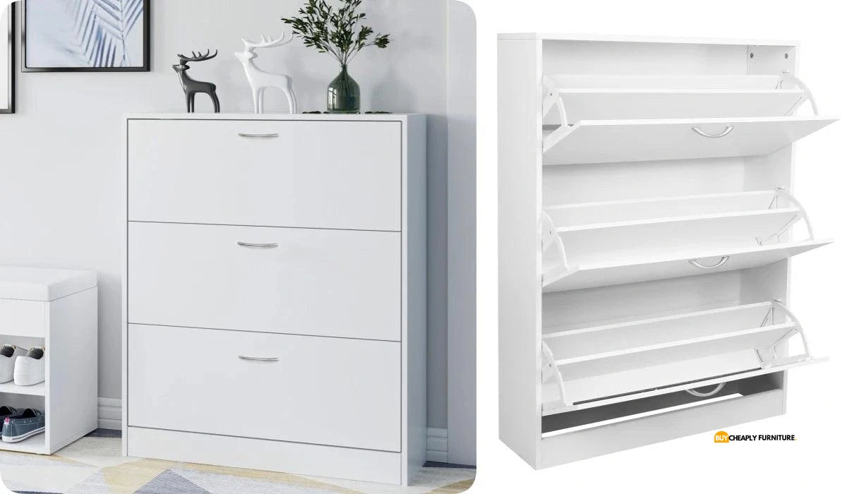 Getone Shoe Cabinet with 3 Doors, Shoe Storage Cupboard, White Shoe Rack Space Saving for Hallway 110x80x23.5cm - Buy Cheaply Furniture