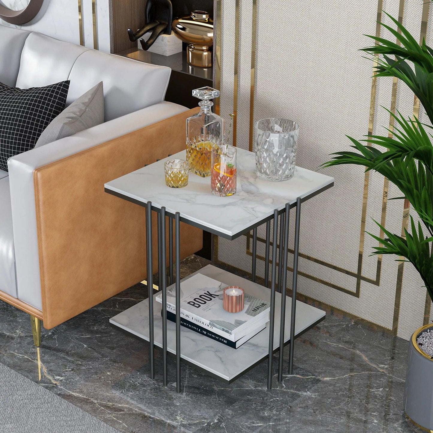 Double Tier Marble Sofa Side End Table Bedside Tables Storage Nesting Table Furniture Black Metal - Buy Cheaply Furniture