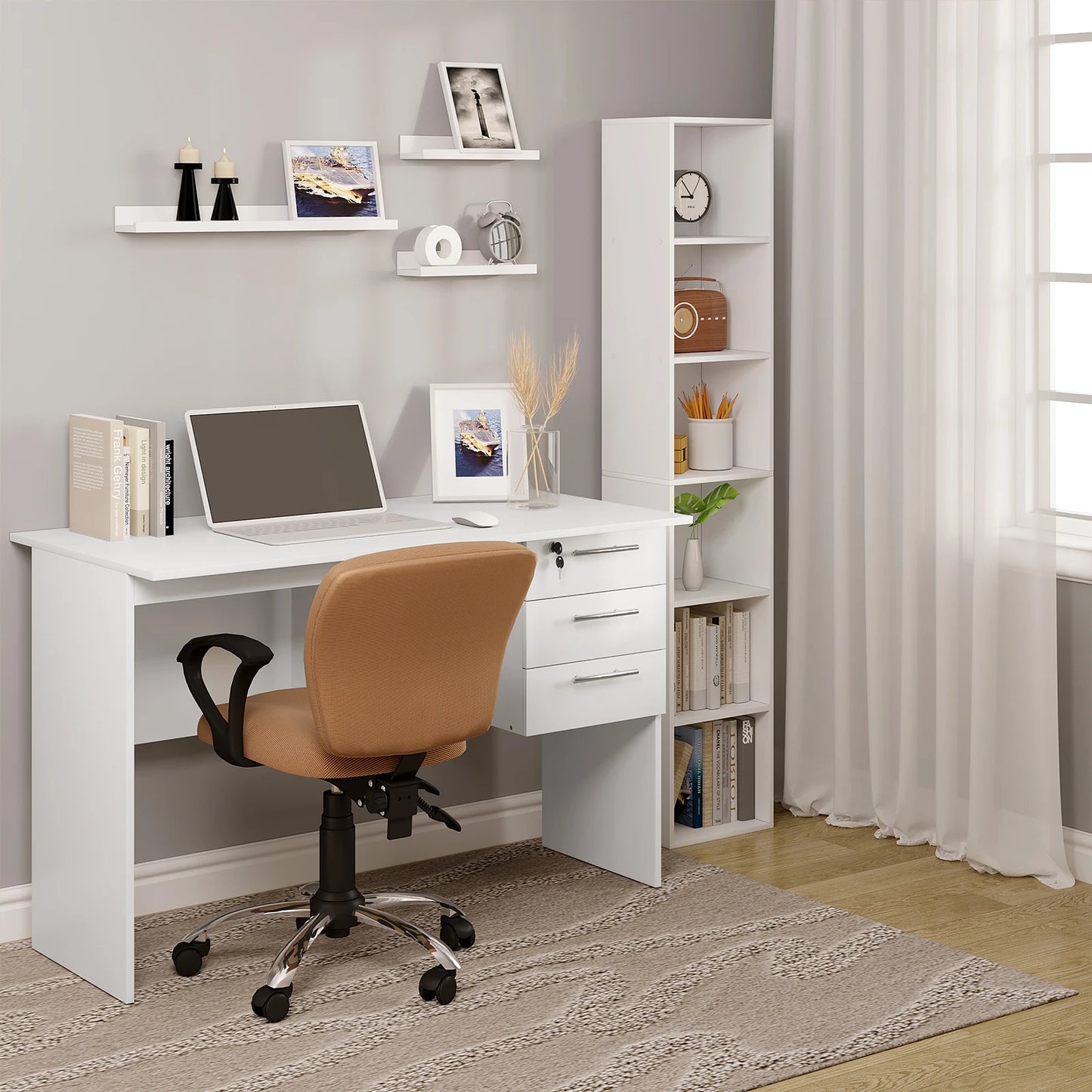 Black/White Chipboard Office Desk with Lock & 3 Drawers for Study