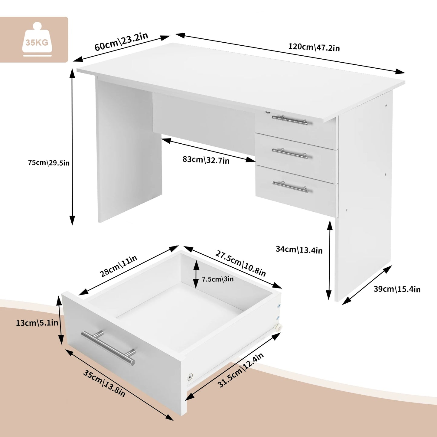 Black/White Chipboard Office Desk with Lock & 3 Drawers for Study
