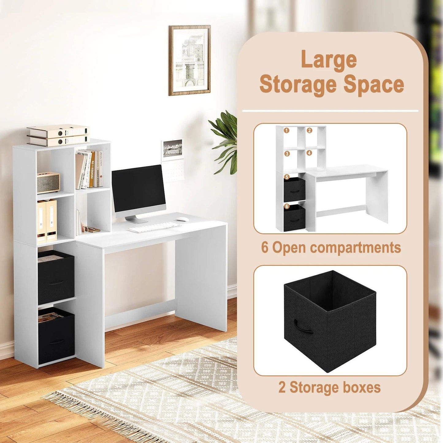 White Computer Desk Office Table with Bookshelf Storage 140.5x134x50cm Work Study Table Home Organizer Decoration - Buy Cheaply Furniture