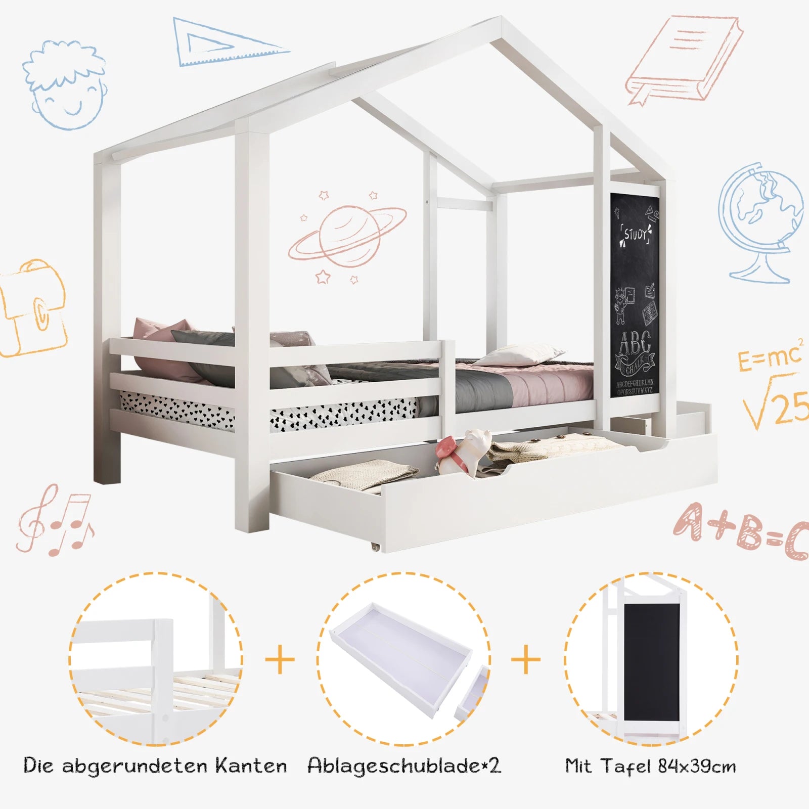 White Children's house bed 90x200 cm solid wood fence slatted frame belt blackboard and 2 drawers wooden bed (without mattress) - Buy Cheaply Furniture
