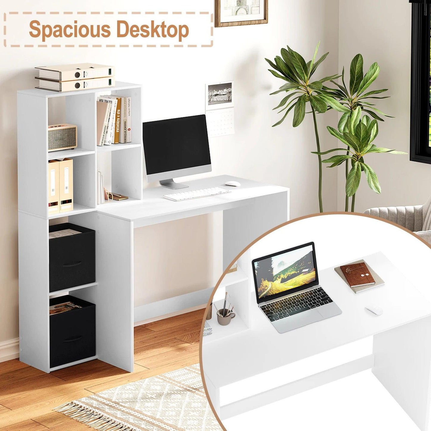 White Computer Desk Office Table with Bookshelf Storage 140.5x134x50cm Work Study Table Home Organizer Decoration - Buy Cheaply Furniture