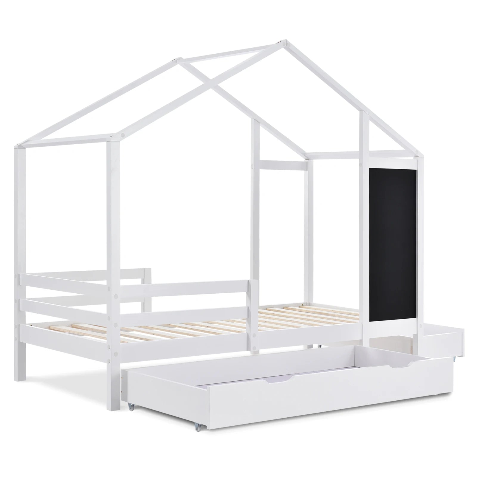 White Children's house bed 90x200 cm solid wood fence slatted frame belt blackboard and 2 drawers wooden bed (without mattress) - Buy Cheaply Furniture