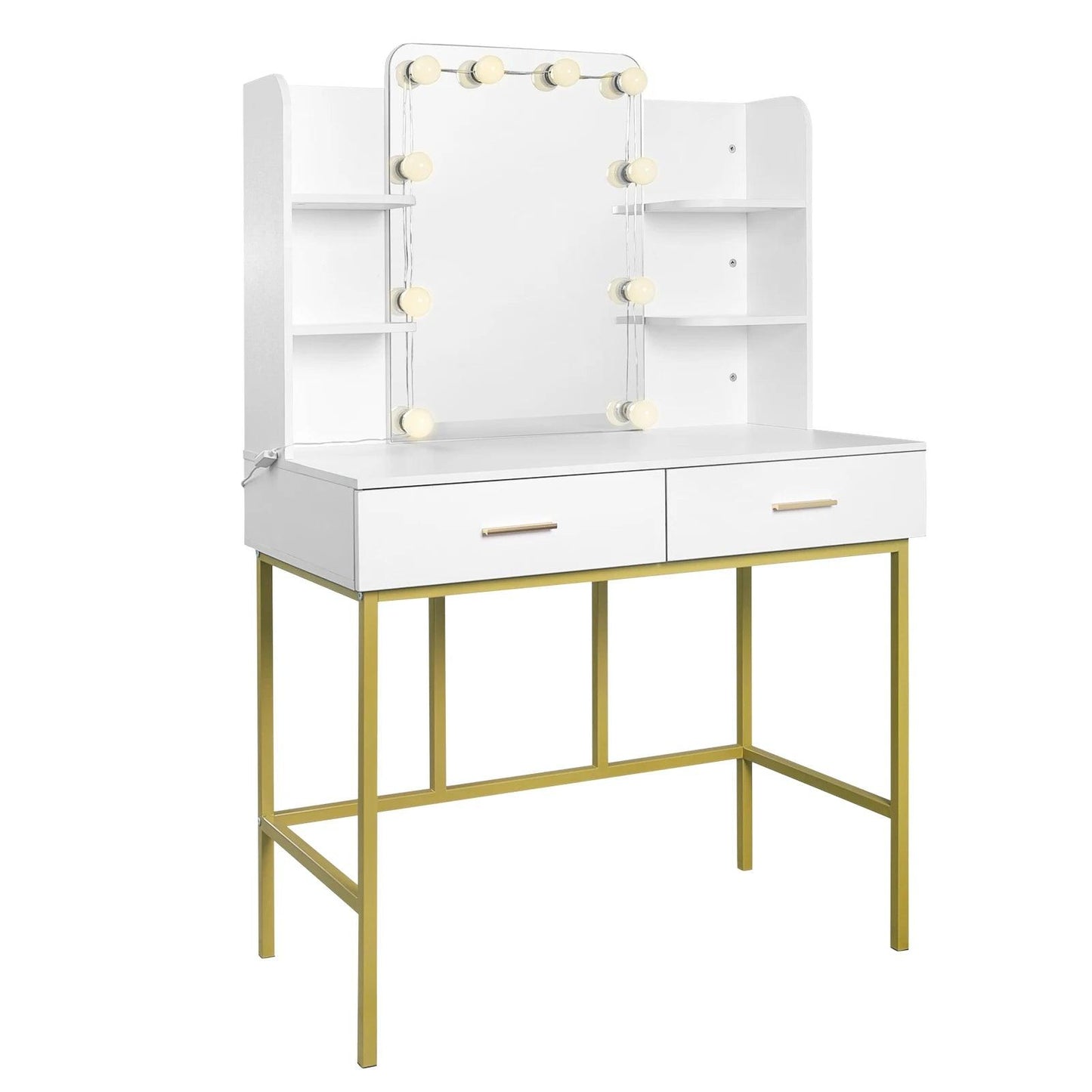 White Gold Vanity Desk with Mirror LED Lighting 2 Drawers Modern Dresser Dressing Table Makeup Table for Bedroom Household Home - Buy Cheaply Furniture