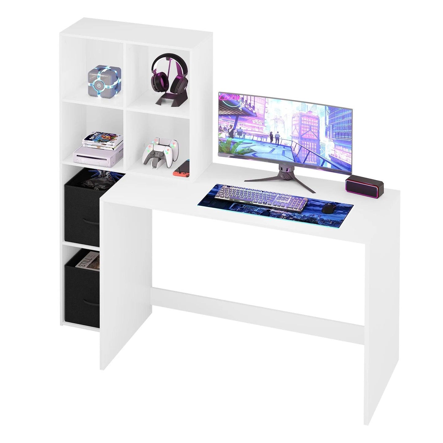 White Computer Desk Office Table with Bookshelf Storage 140.5x134x50cm Work Study Table Home Organizer Decoration - Buy Cheaply Furniture