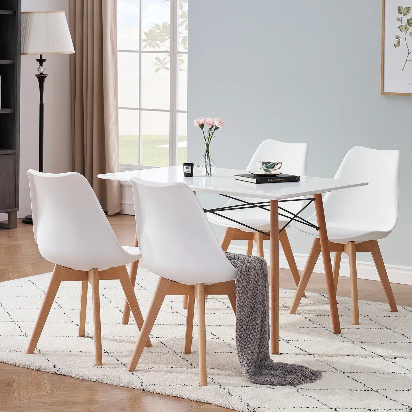 A Set of 6 Nordic Medieval Dining Chairs PU Padded Seat Beech Wood Legs Desk Chairs for Dining Room Bedroom Balcony Restaurant - Buy Cheaply Furniture