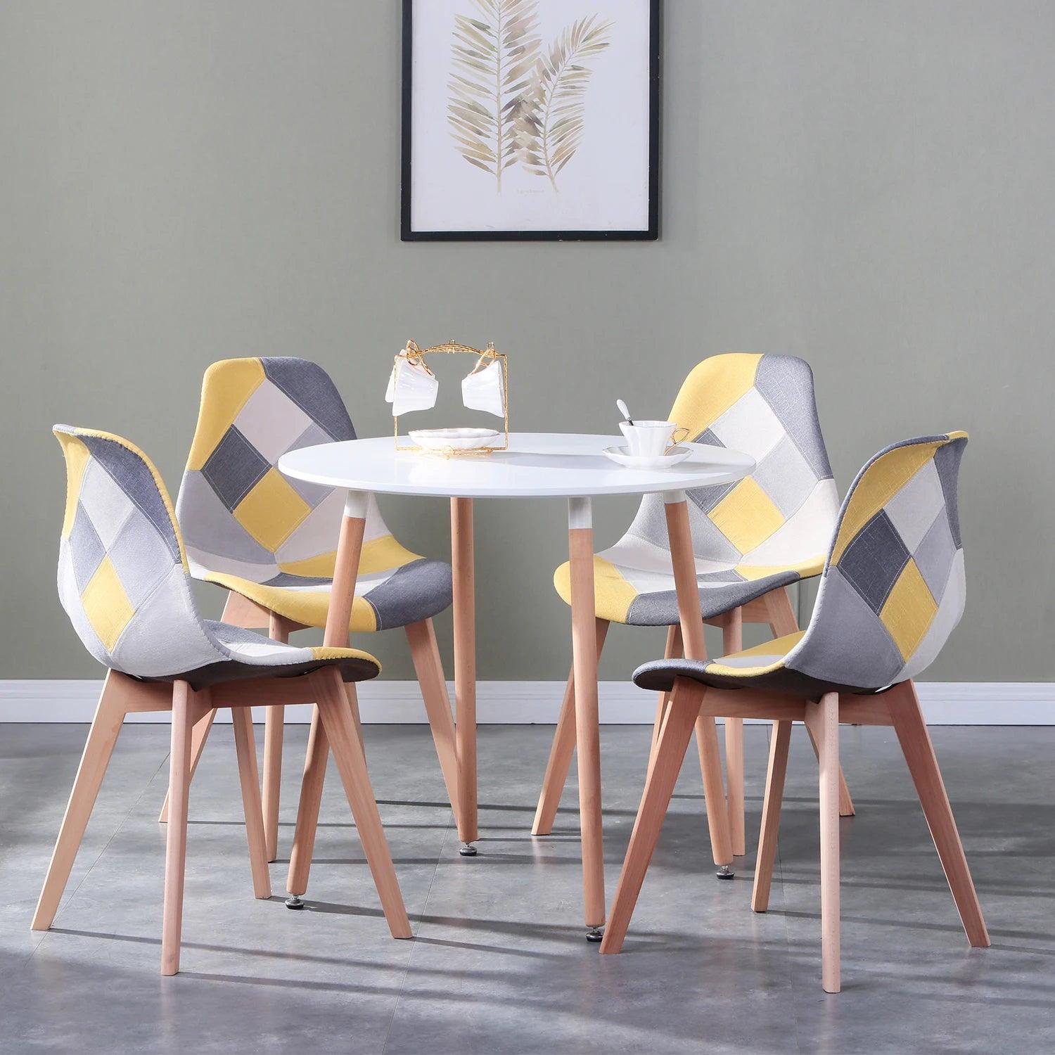 Set of 4 Nordic Dining Chairs Patchwork Frabic Chairs and Round Dining Table Set for Kitchen Restaurant Dining Room Lounge Room - Buy Cheaply Furniture