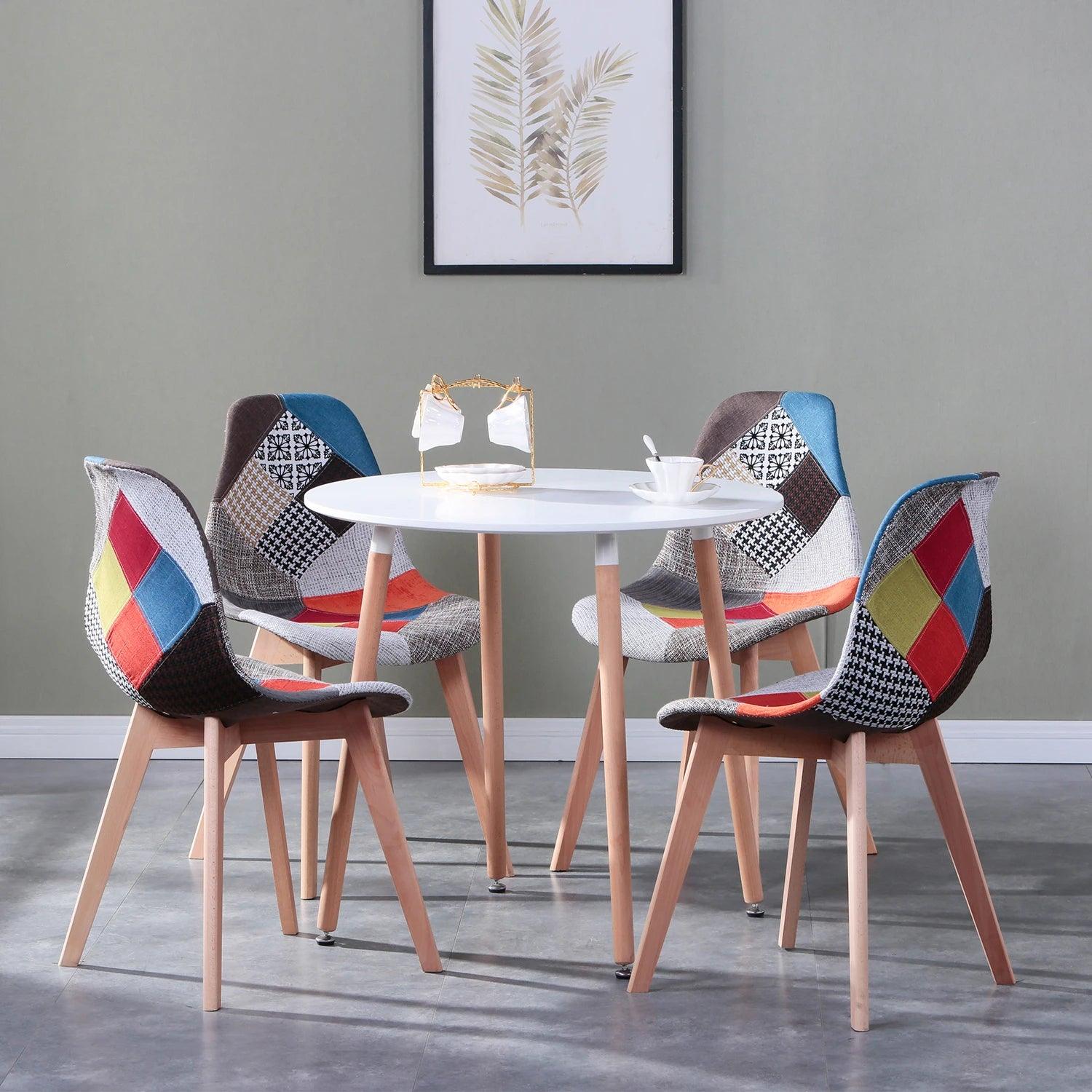 Set of 4 Nordic Dining Chairs Patchwork Frabic Chairs and Round Dining Table Set for Kitchen Restaurant Dining Room Lounge Room - Buy Cheaply Furniture