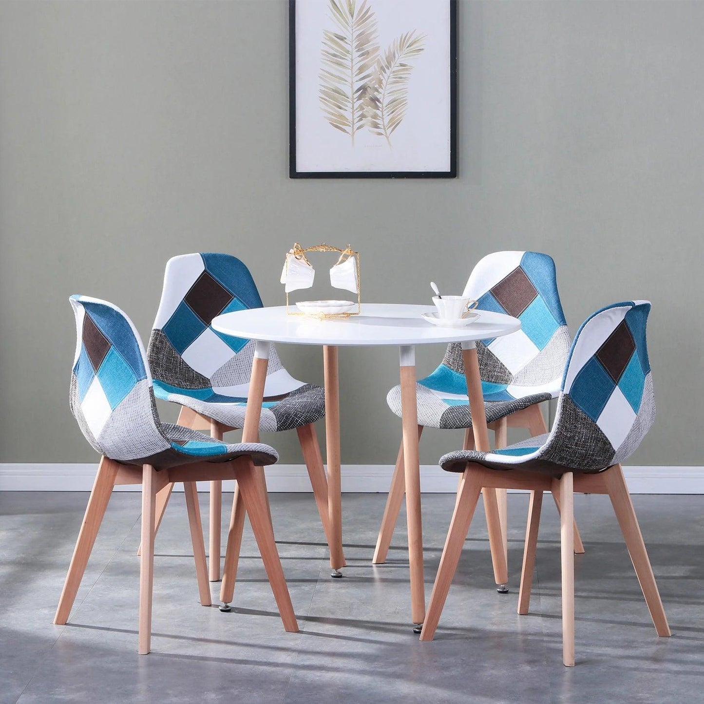 Set of 4 Nordic Dining Chairs Patchwork Frabic Chairs and Round Dining Table Set for Kitchen Restaurant Dining Room Lounge Room - Buy Cheaply Furniture