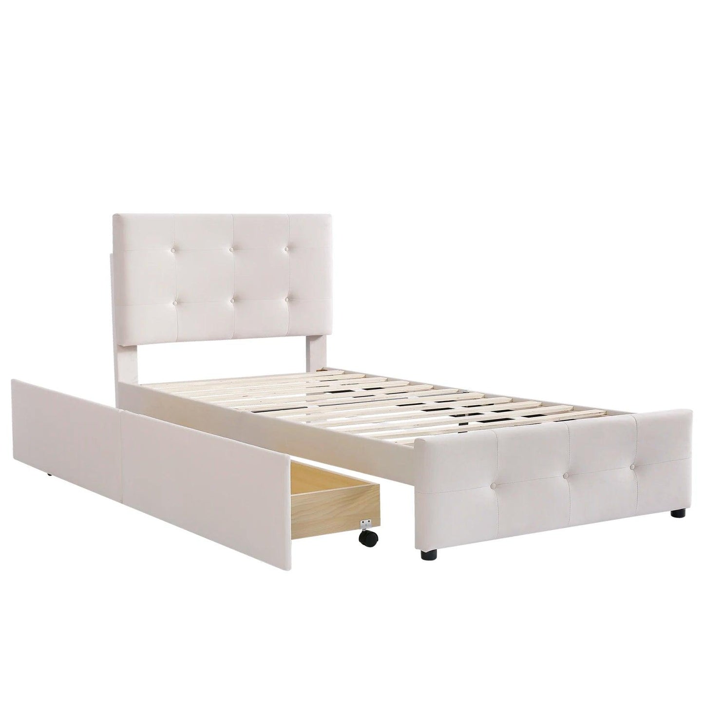 Single Bed, Upholstered Bed, with Slatted Frame, Backrest & 2 Drawers, Skin-Friendly Velvet Fabric, Youth Bed, Beige, 90x200 cm - Buy Cheaply Furniture