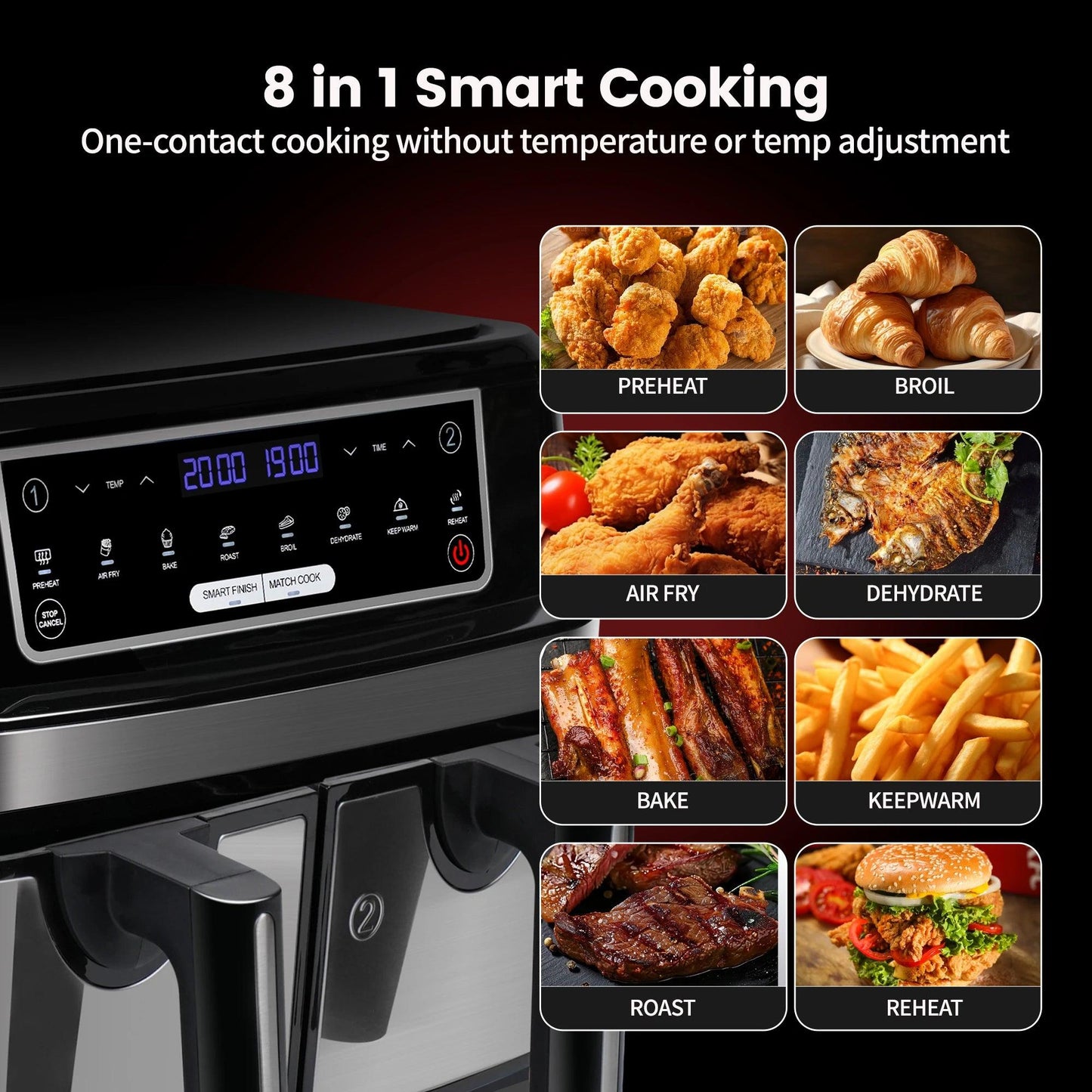 Hot Air Fryer Double Chamber 9 Litres XXL Air Fryer with 2 Independent 4.5L Drawers 8 Automatic Programmes with LED Touch Screen - Buy Cheaply Furniture