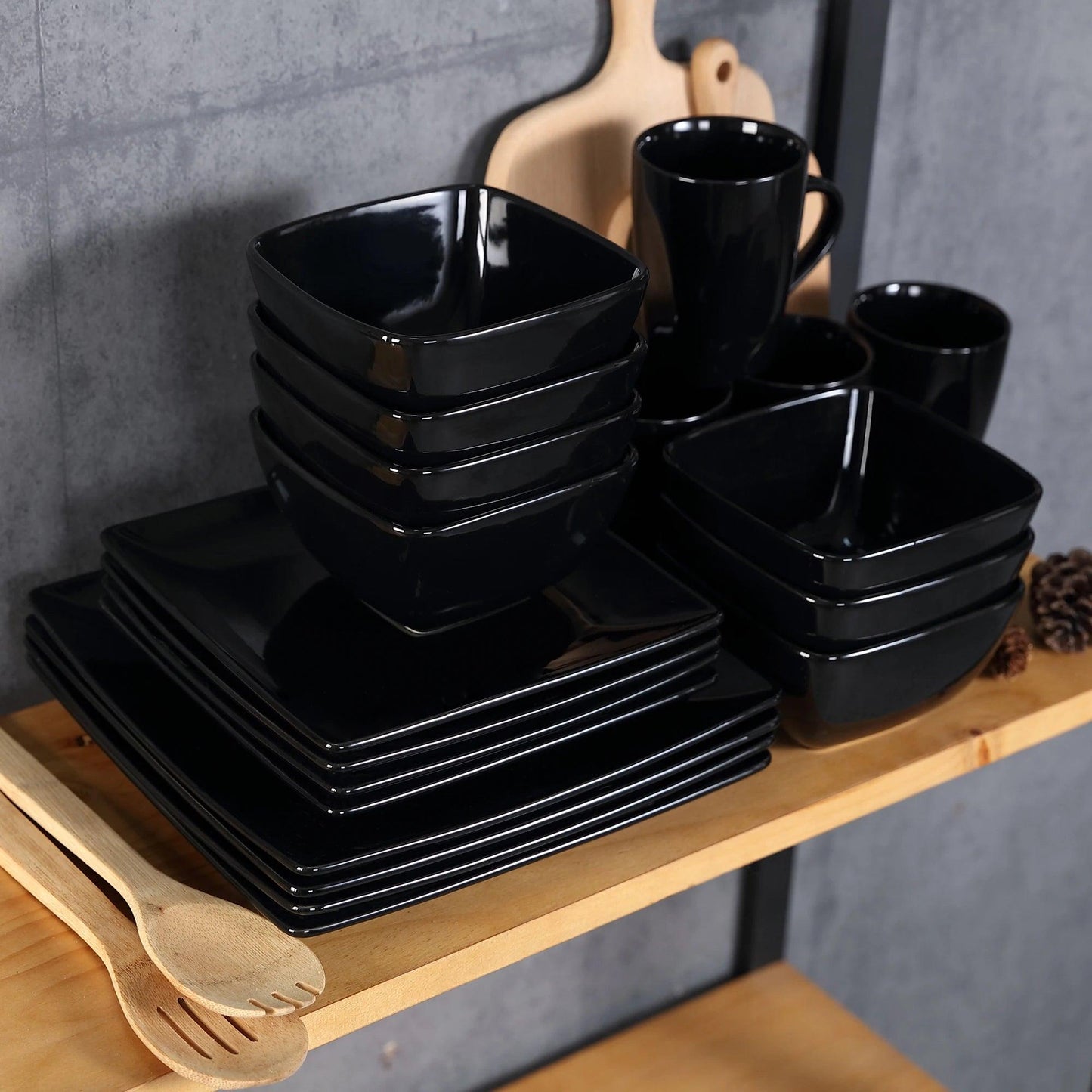 Vancasso SOHO 16/32/48-Piece Black Ceramic Porcelain Square Dinnerware Set with Dinner Plate,Dessert Plate,Bowl,240ml Mug Set - Buy Cheaply Furniture