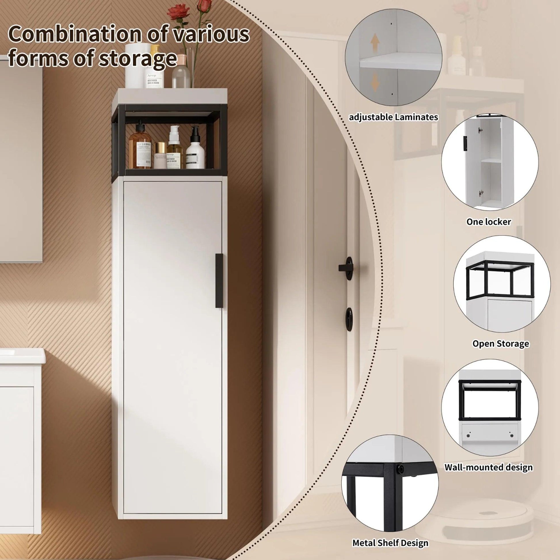 White Wall Mounting Bathroom Cabinet with Storage Compartments, Adjustable Shelves, 30 x 30 x 120 cm - Buy Cheaply Furniture