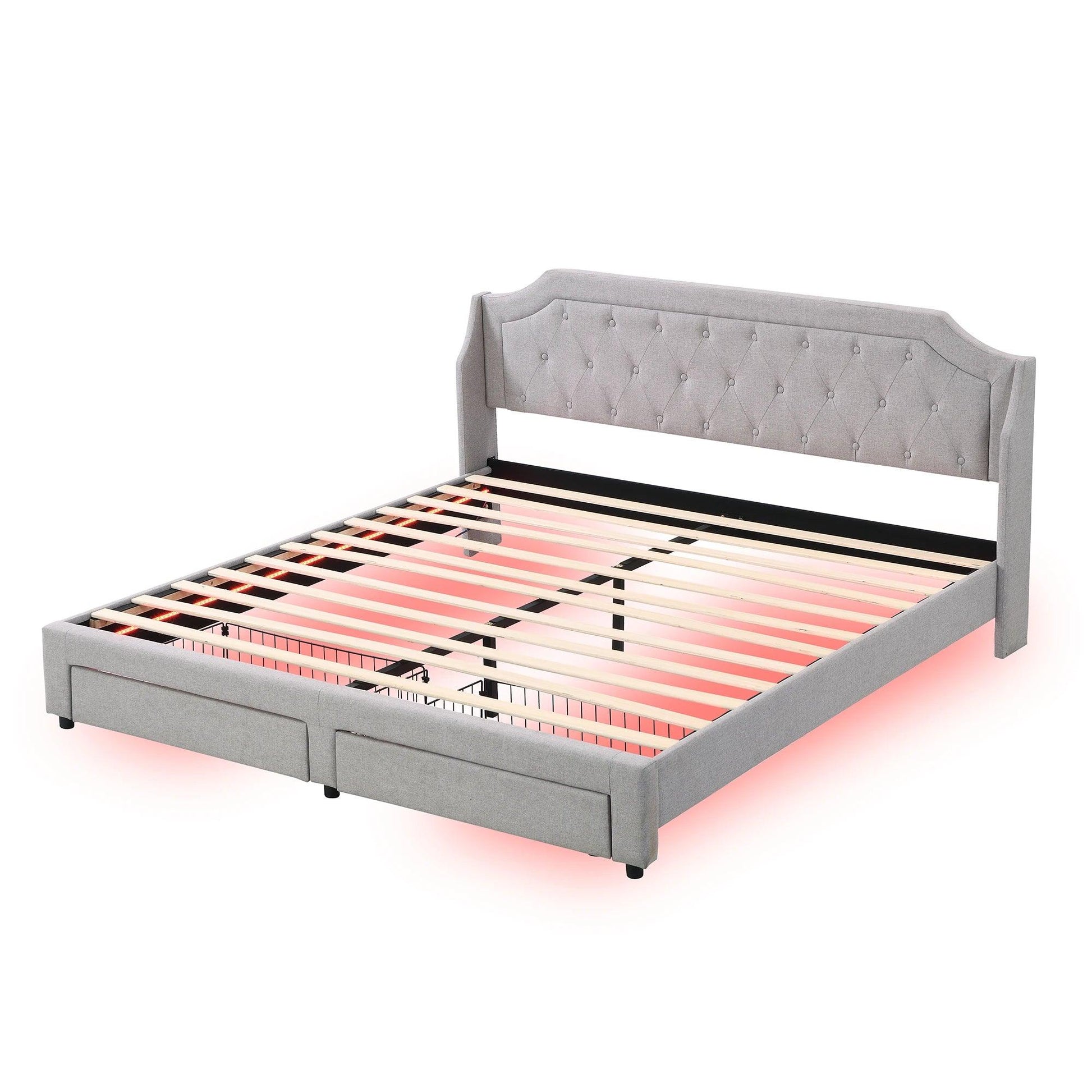 Upholstery bed 180x200 with slatted frame and 2 drawers, LED bed, linen, Gray, (Without mattress) - Buy Cheaply Furniture