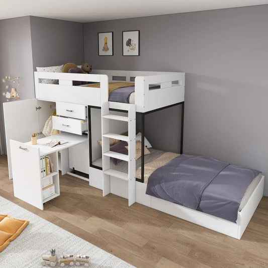 Bunk bed with pull-out desk and wardrobe, Multifunctional cot, Children's bunk bed, With drawer, Shelves, Ladders - Buy Cheaply Furniture