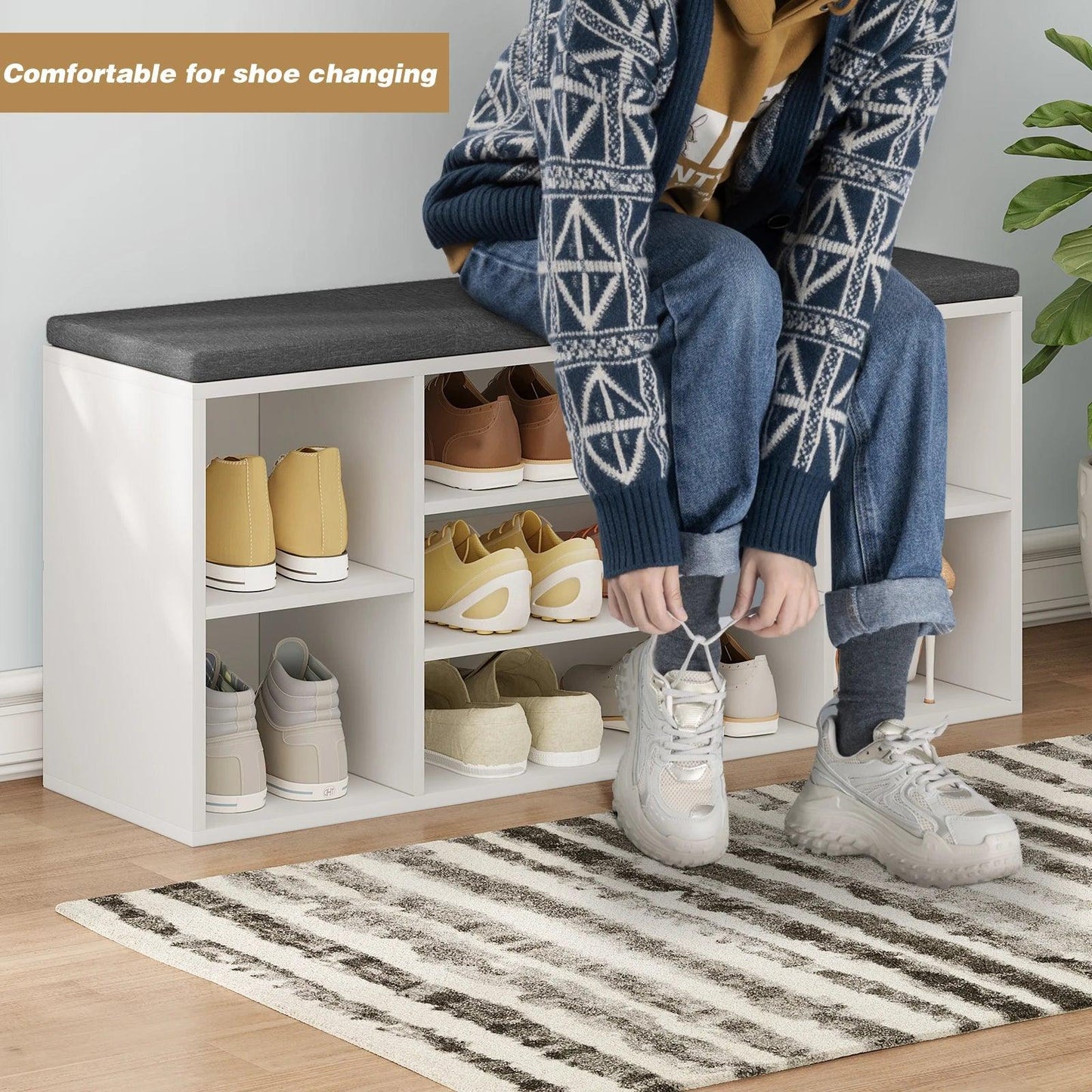 Shoe Storage Bench 103.5x30x48cm Hallway Shoe Cabinet 7 Compartment Freestanding White Chipboard Shelf with Gray Fabric Cushion - Buy Cheaply Furniture