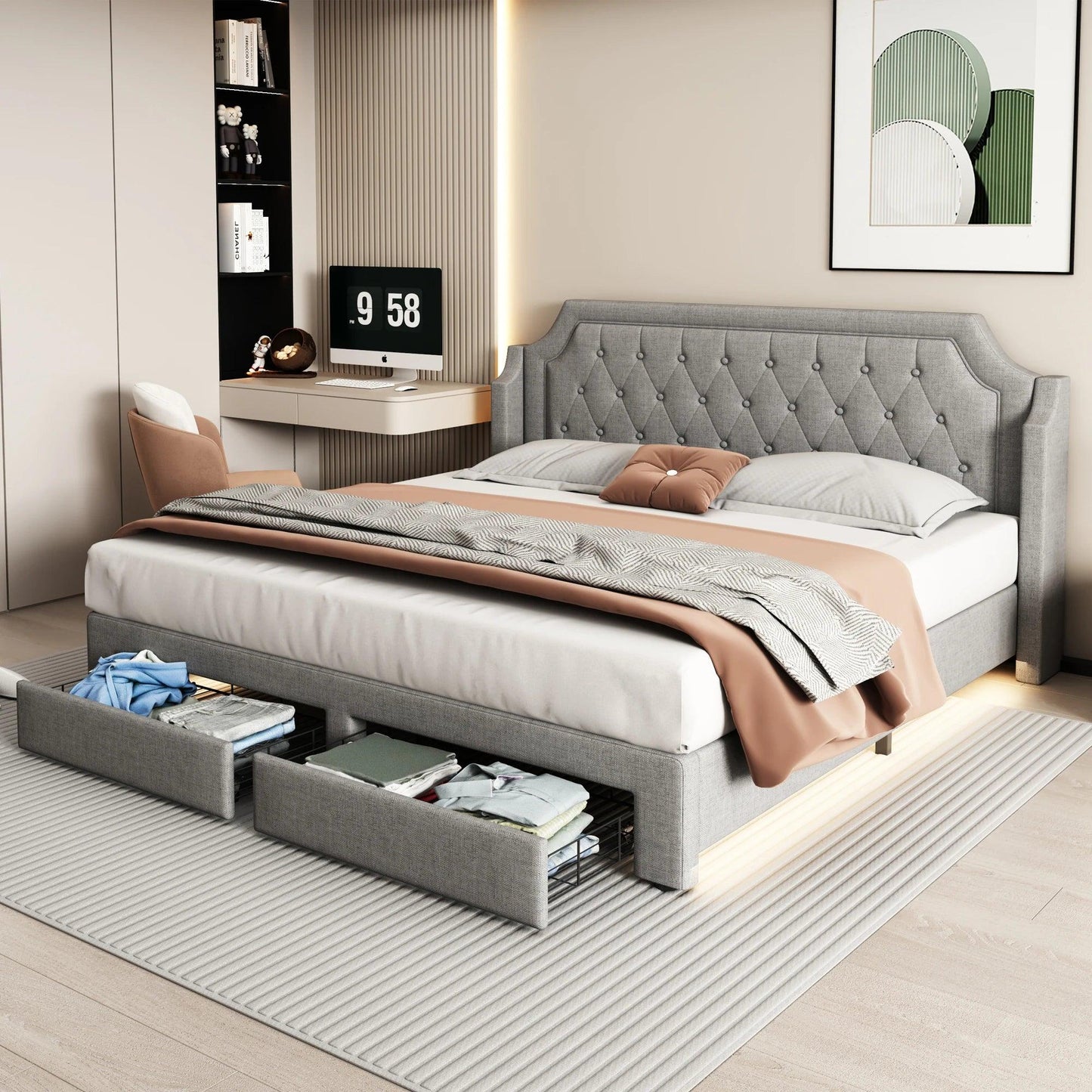 Upholstery bed 180x200 with slatted frame and 2 drawers, LED bed, linen, Gray, (Without mattress) - Buy Cheaply Furniture