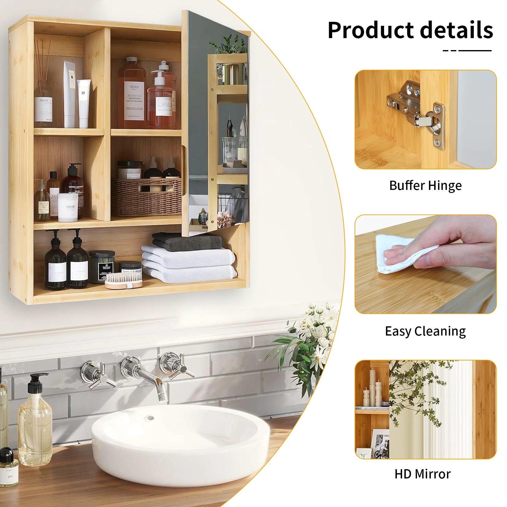 Wall Medicine Cabinet Natural Bamboo Bathroom Storage Cabinet with Mirror - Buy Cheaply Furniture