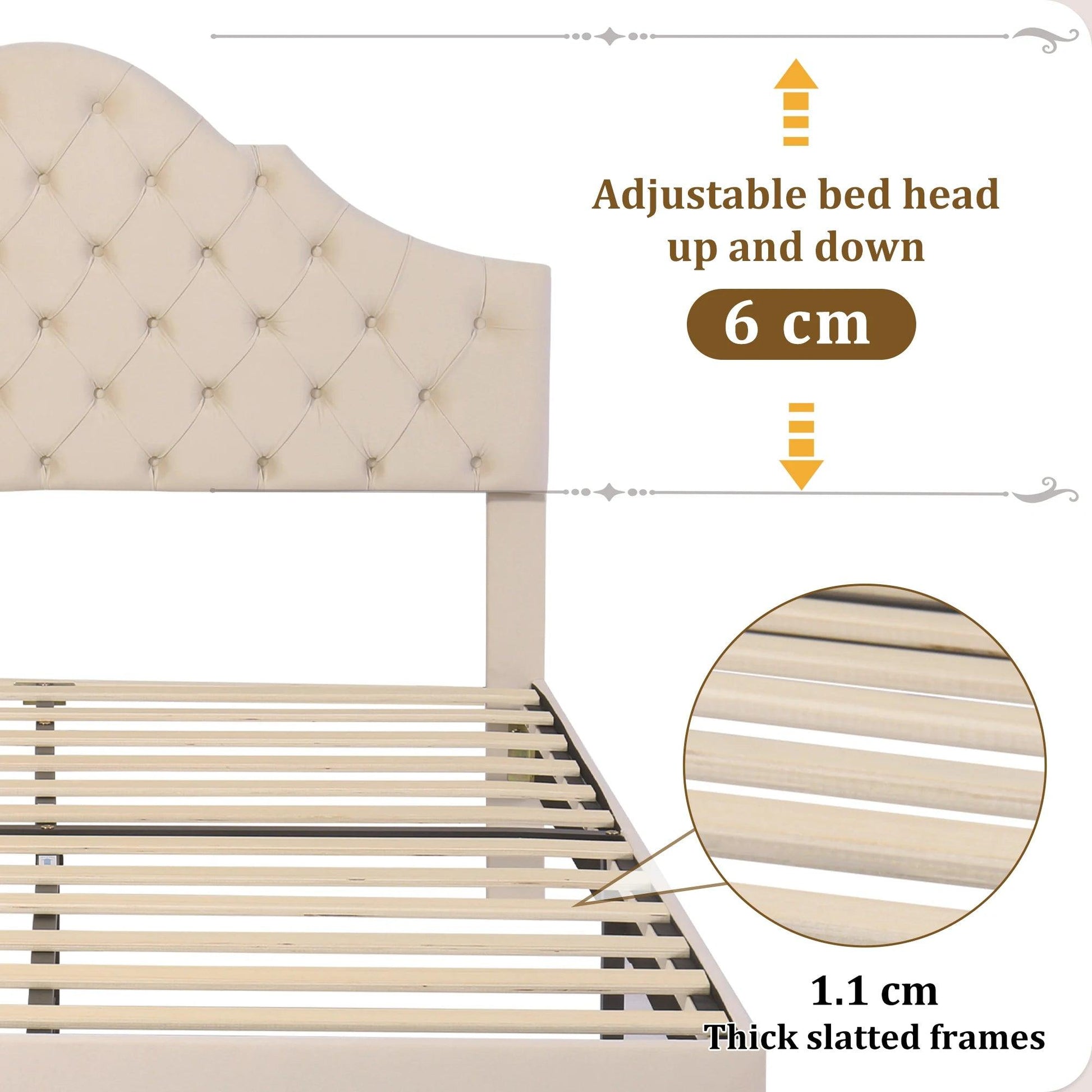 Velvet Upholstered Bed with Slatted Frame and Headboard with Height-adjustable Headboard Wooden Slat Support Easy Assembly - Buy Cheaply Furniture