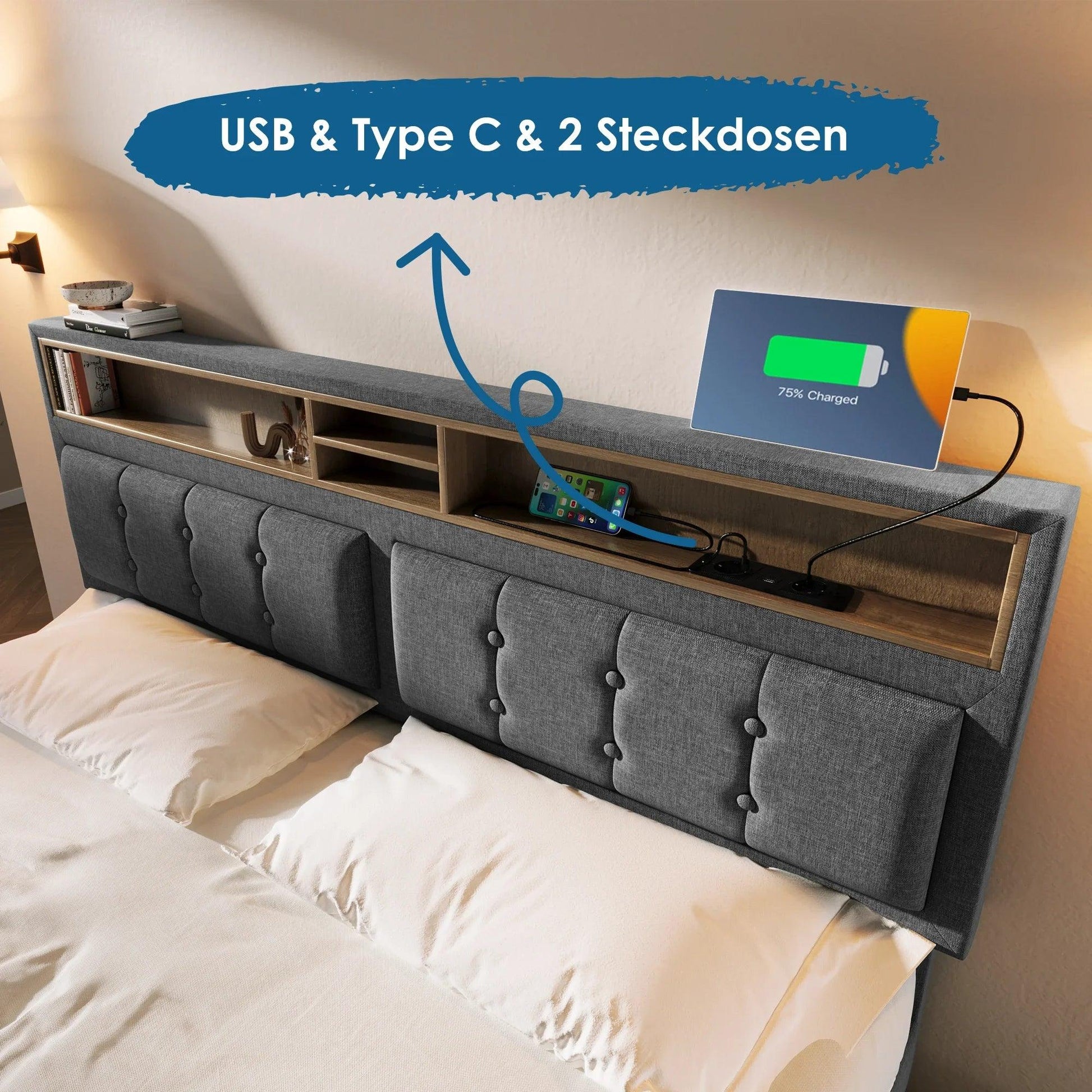 VSOGA 160x200 CM Upholstered Double Bed, Headboard With USB C Socket Charging Function, Storage Space , (mattress Not Included) - Buy Cheaply Furniture