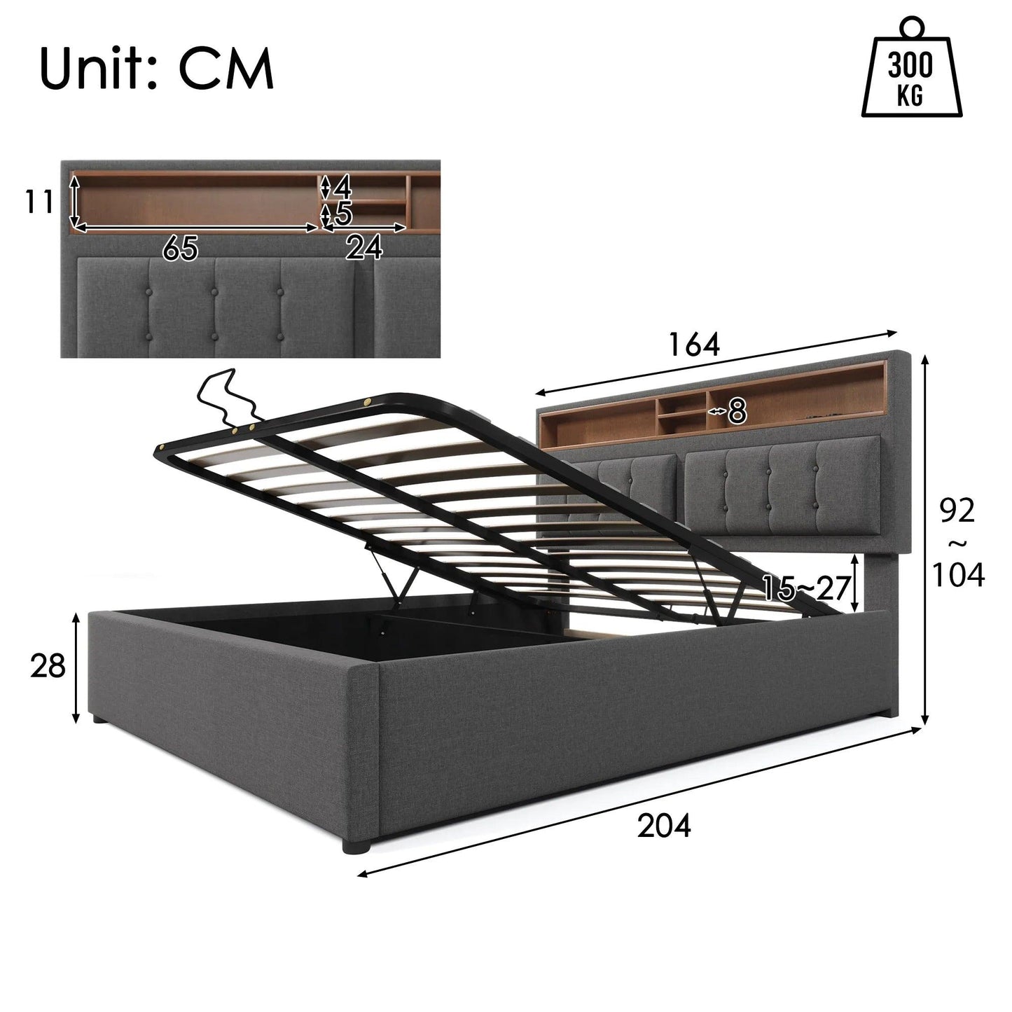 VSOGA 140/160 x 200 Cm Upholstered Double Bed, Headboard with USB-C Charging Function, Storage Space (Mattress Not Included) - Buy Cheaply Furniture