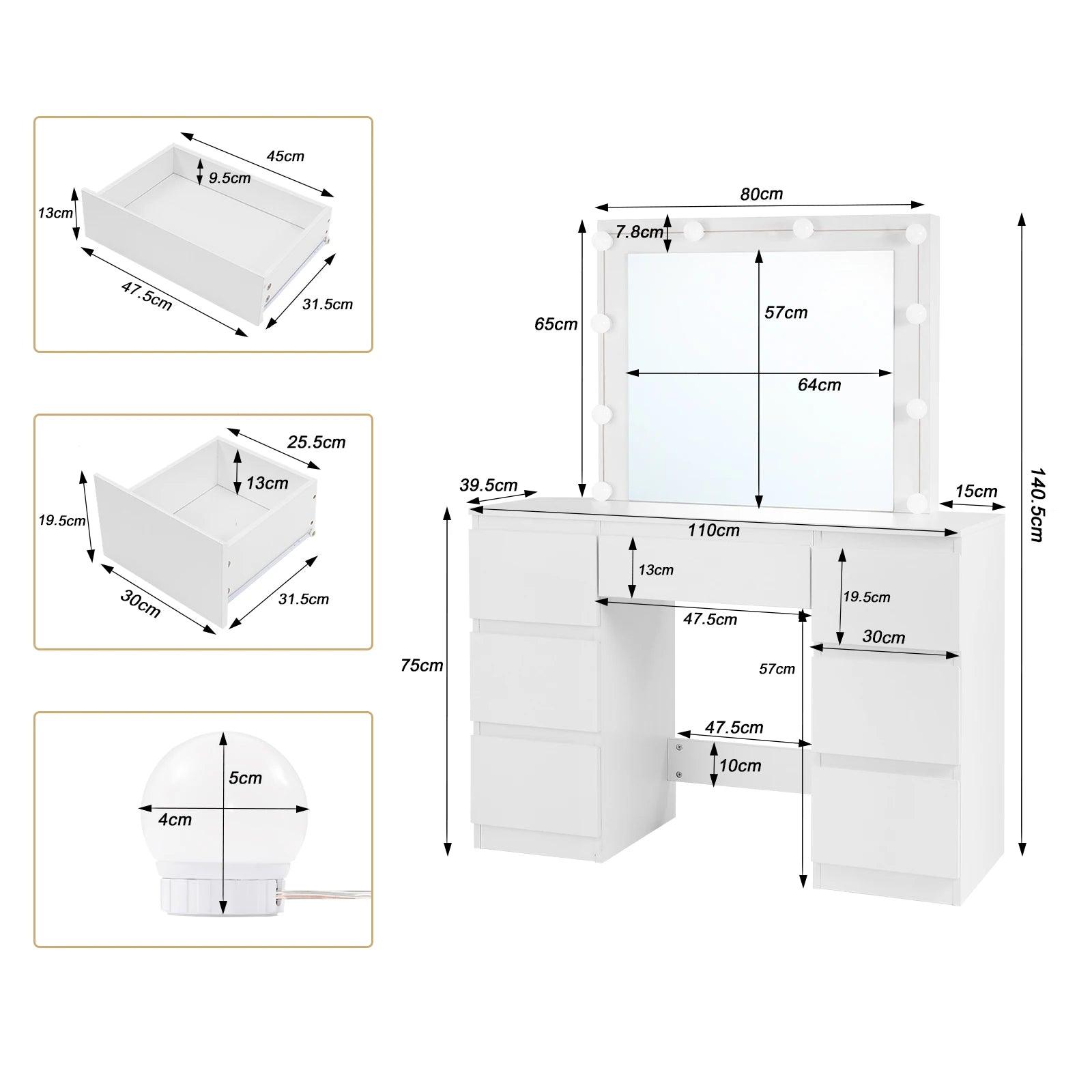 Vanity Dressing Table with LED Lighting Adjustable Brightness Cosmetic Table Large Mirror 7 Drawers for Girls Women Bedroom - Buy Cheaply Furniture