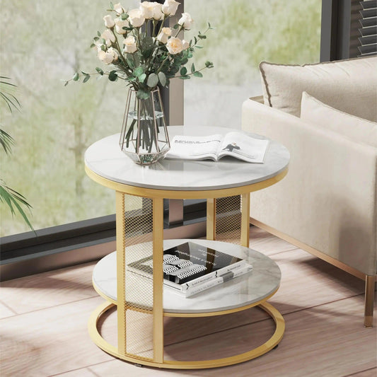 2 Tier Marble Effect Coffee Table Large Sofa Side End Table Golden Metal Frame - Buy Cheaply Furniture