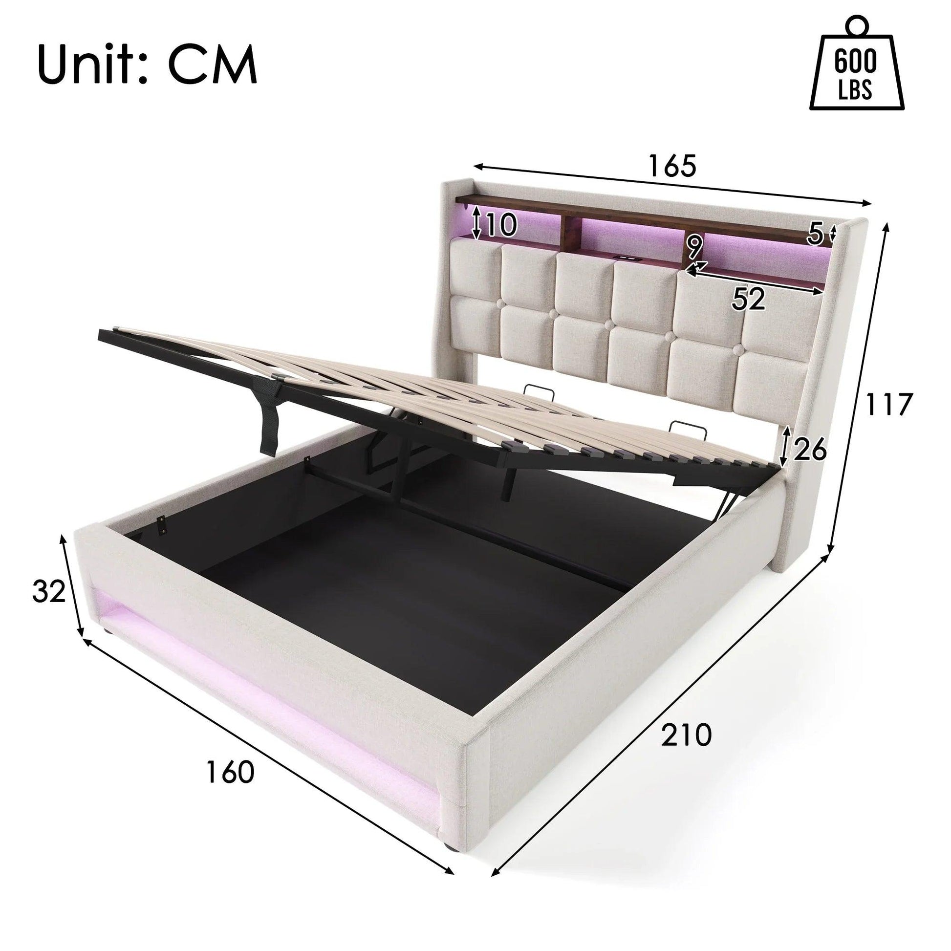 Upholstered Led Bed with USB Metal Slatted Frame (Mattress Not Included) - Buy Cheaply Furniture