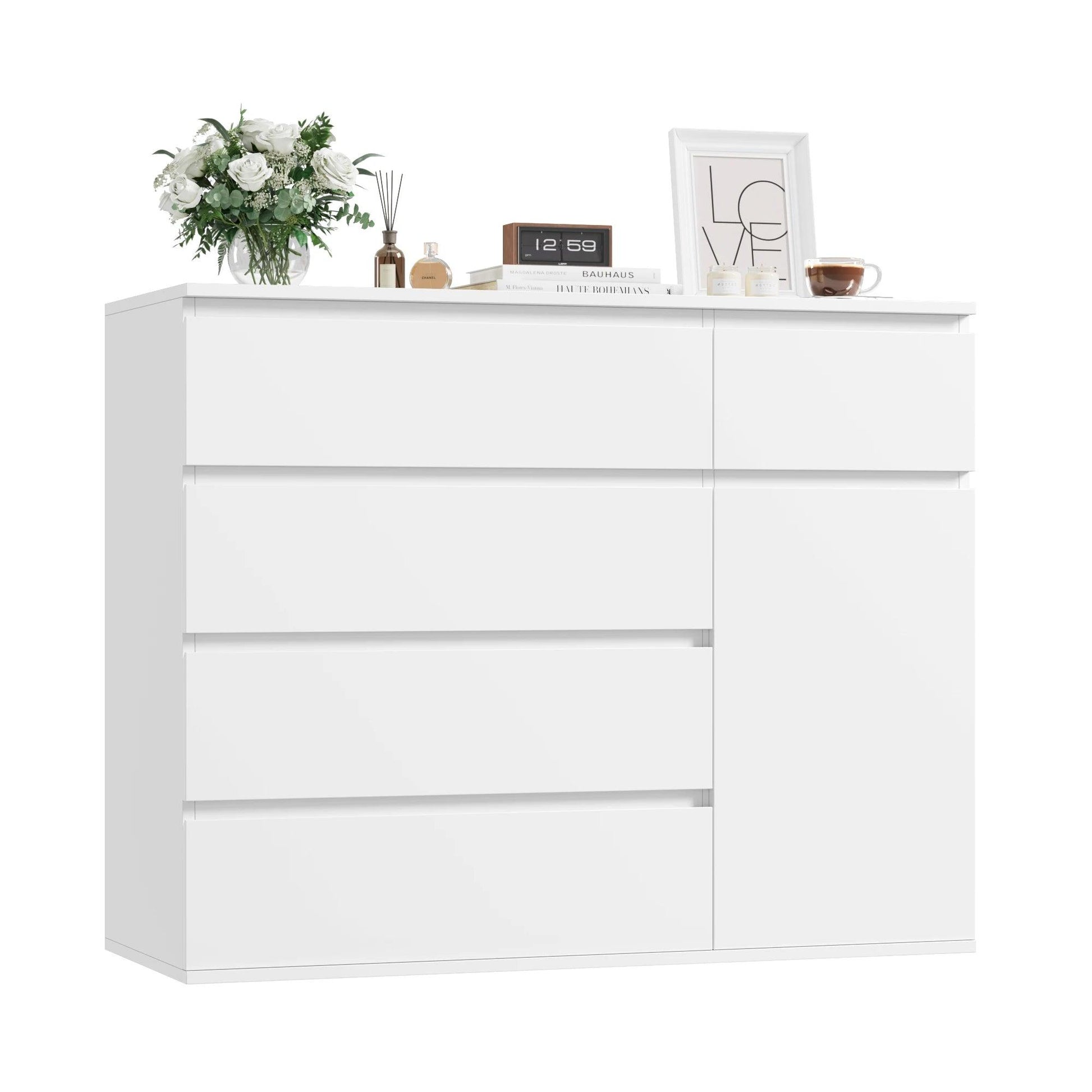 Getone Chest of Drawers Bedroom Wide Chest of Drawers with 5 Drawers 1 Doors, Sideboard Storage Cabinet for Living Room100x80x40cm White/Black - Buy Cheaply Furniture