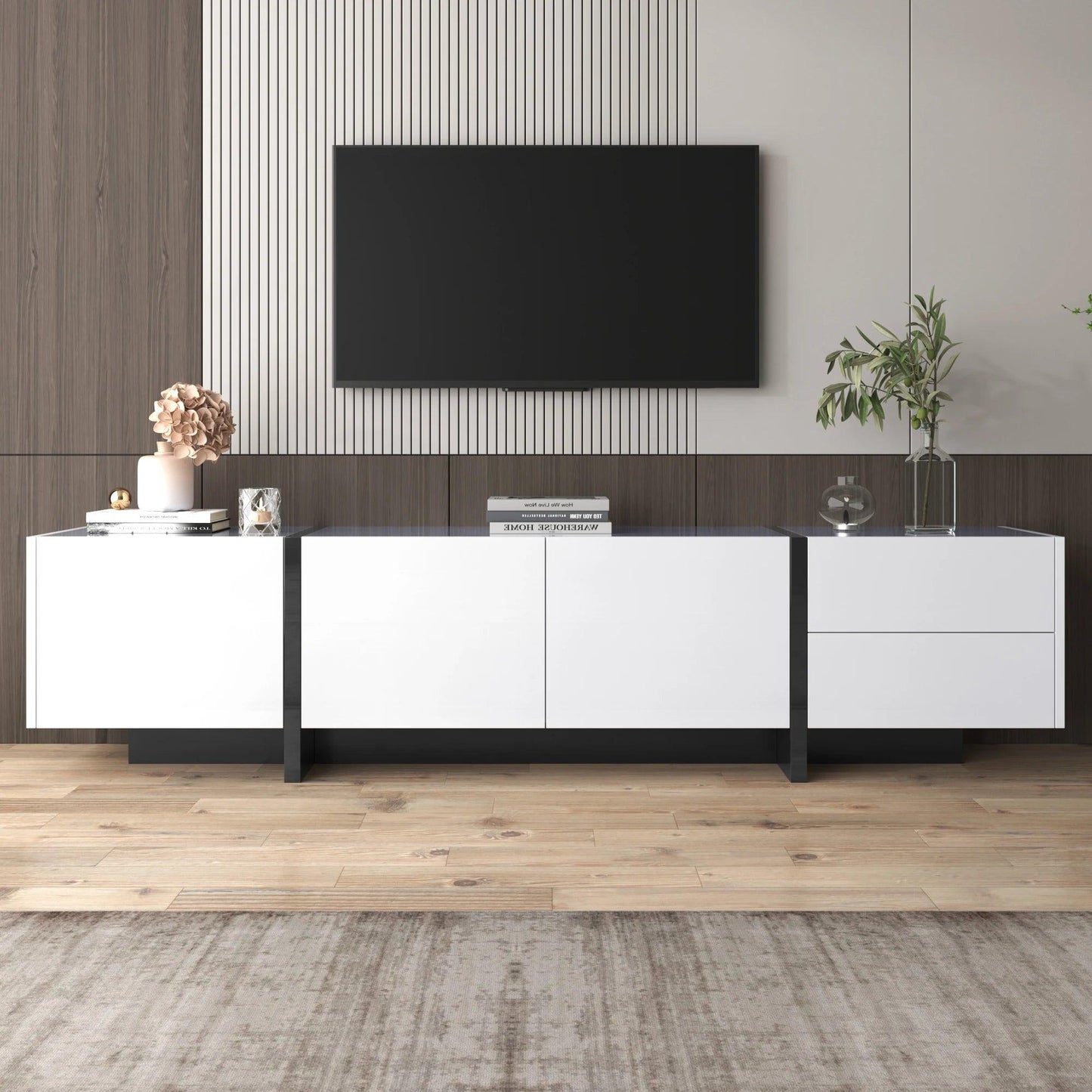 High Gloss White Black Color-Blocked Legs TV Wardrobe Lowboard Panel Drawers Shelves Simple Line Design - Buy Cheaply Furniture