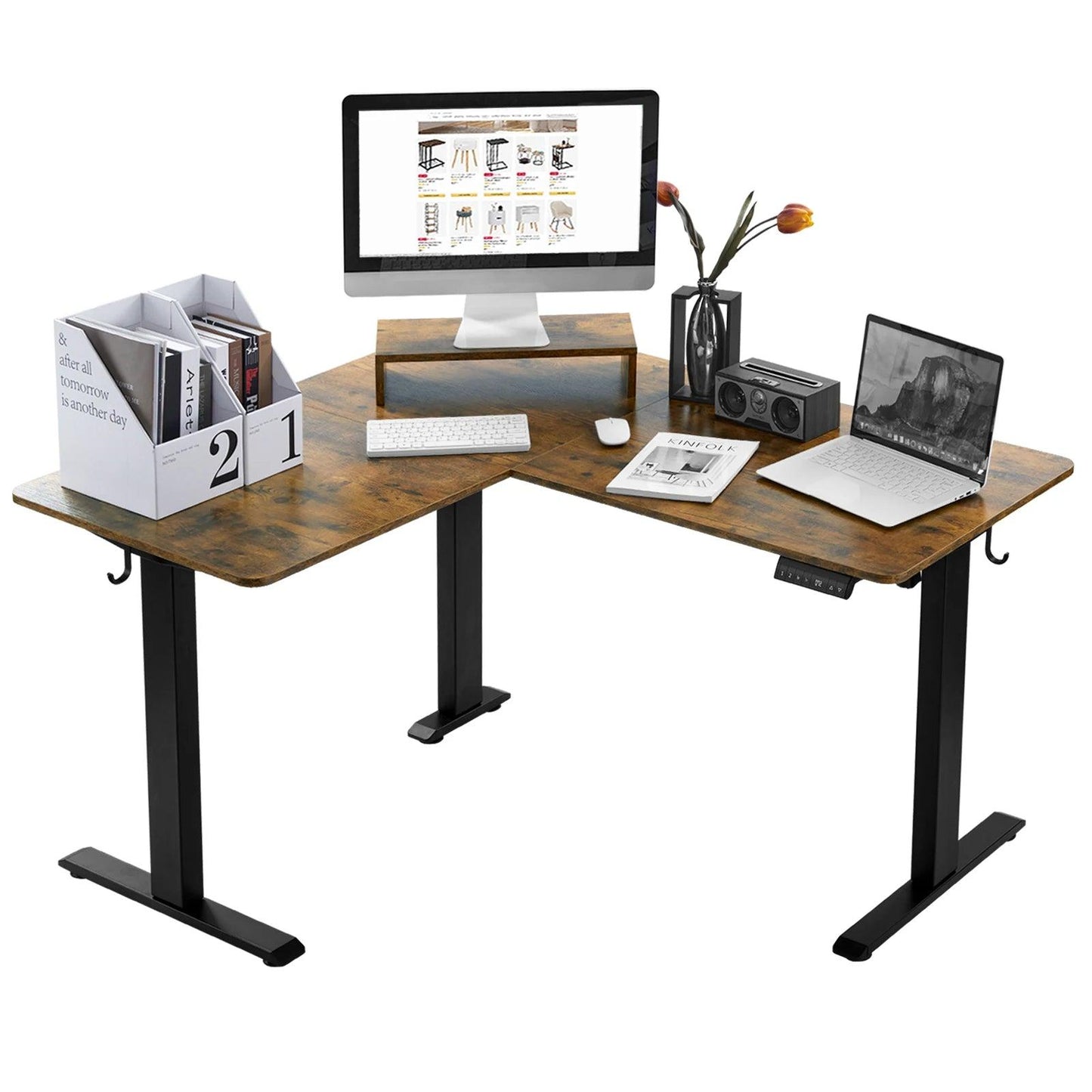 Electric L-shaped Sit Stand Desk Corner Table 140x120cm Height Adjustable Computer Desk with 4 Memory Controls Monitor Stand - Buy Cheaply Furniture