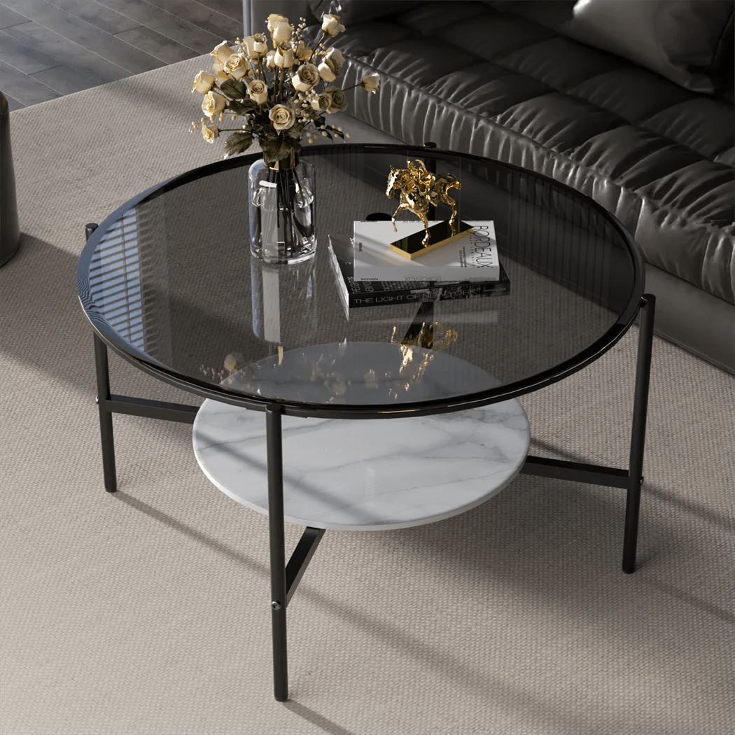 Glossy Glass Coffee Table, Centre Table with Slate Shelf, Minimalist Furniture, Living Room Tea Table, 2 Tier - Buy Cheaply Furniture