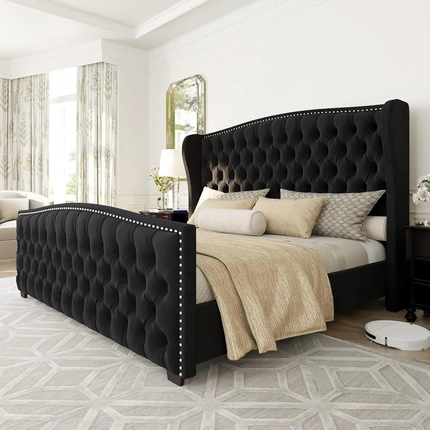 Velvet Upholstered Bed with Deep Button Tufted & Nailhead Trim Wingback Headboard - Buy Cheaply Furniture