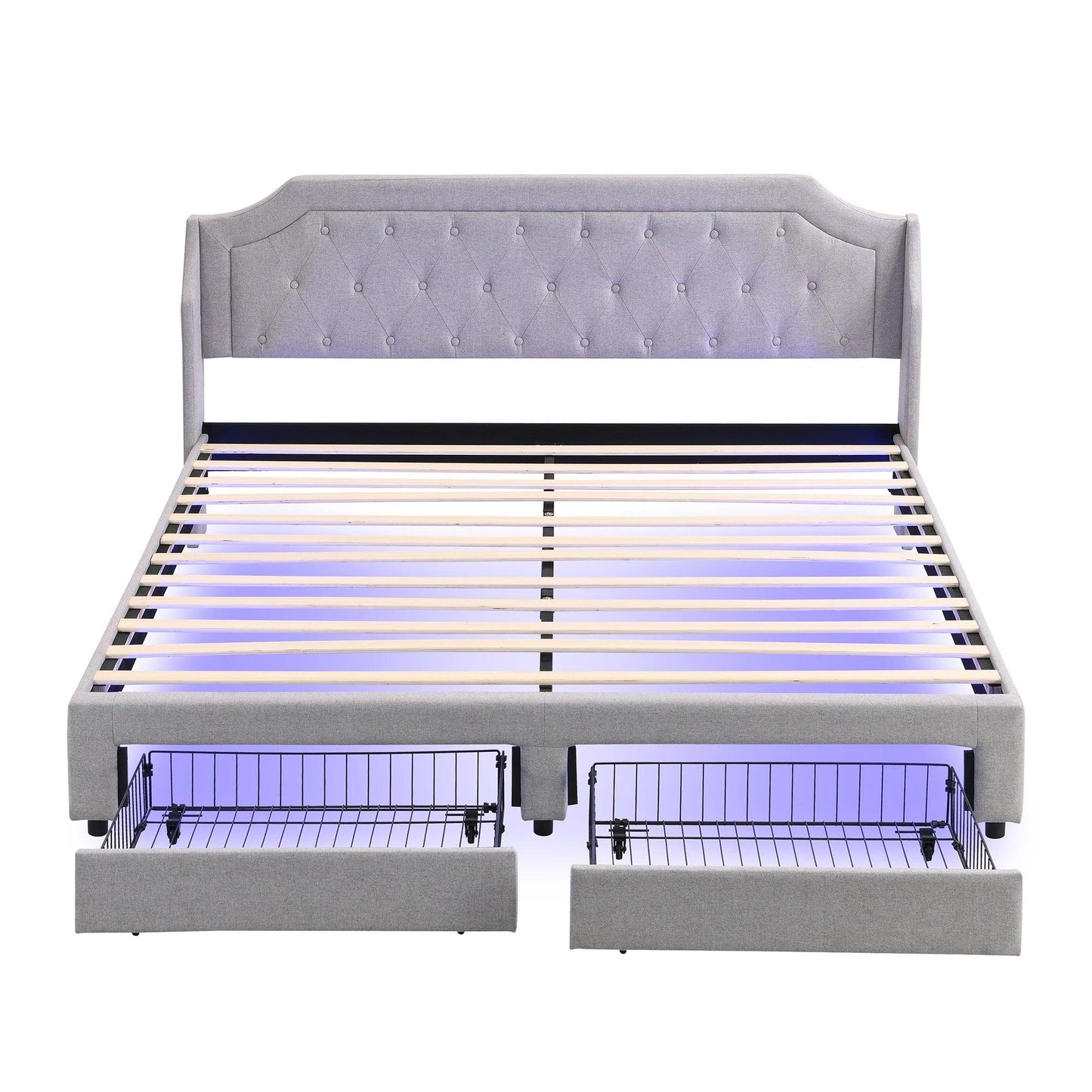 Upholstery bed 180x200 with slatted frame and 2 drawers, LED bed, linen, Gray, (Without mattress) - Buy Cheaply Furniture