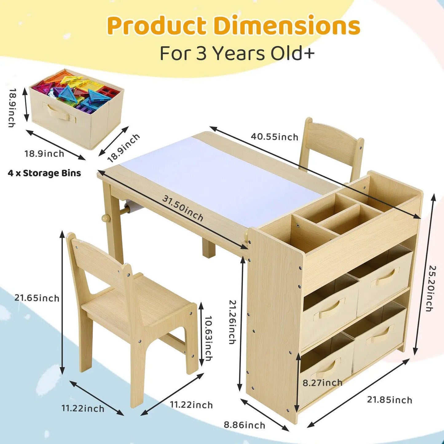 Kids Art Table and Chair Set with 2 Chairs Wooden Craft Table with Storage Shelves, Canvas Bins, Paper Roll, Kids Playroom Table - Buy Cheaply Furniture