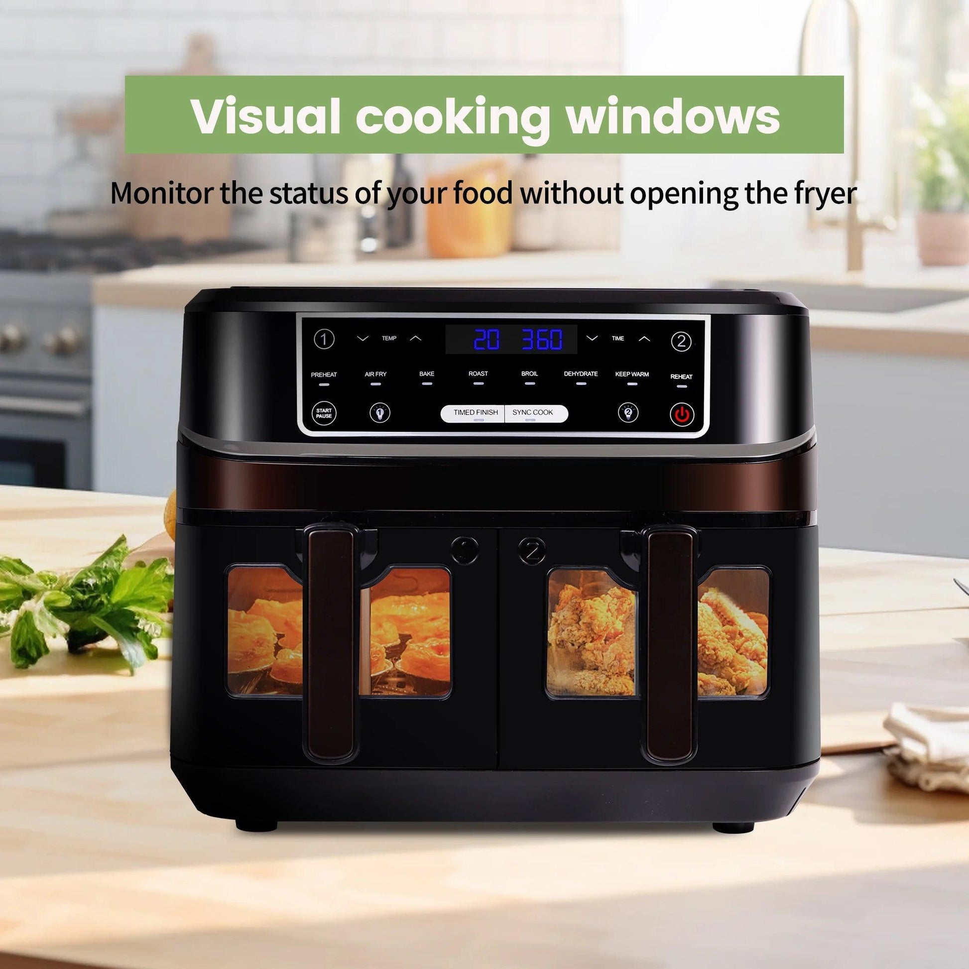 Hot air fryer 2 chambers with viewing window, 10L Double drawers, Hot air fryer with touch screen 8 auto progrmas - Buy Cheaply Furniture