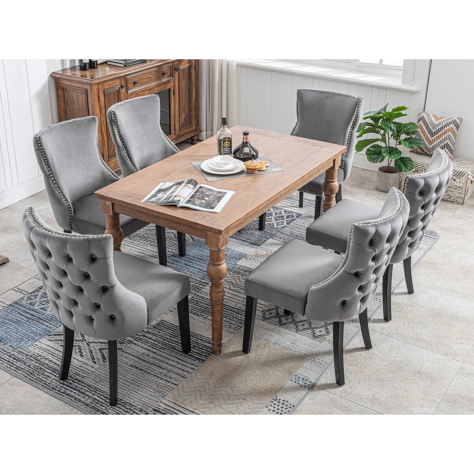 VSOGA 4-foot chair gray velvet dining chair with button carpet solid wood frame Set 6 pieces - Buy Cheaply Furniture