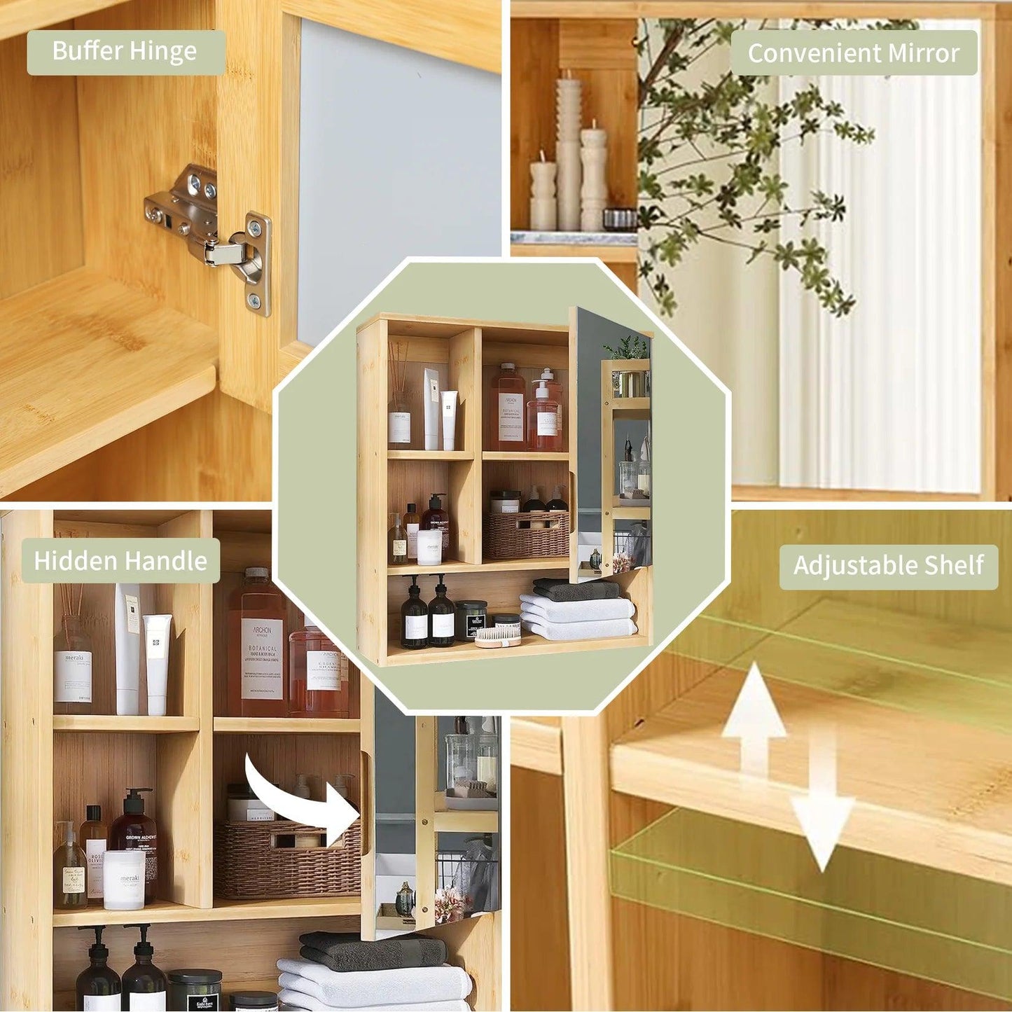 Wall Medicine Cabinet Natural Bamboo Bathroom Storage Cabinet with Mirror - Buy Cheaply Furniture