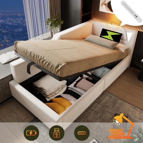 Upholstered bed Daybed 90x190cm, Sofa bed with hydraulic storage, Reading light function and USB-C charging function, Velvet - Buy Cheaply Furniture