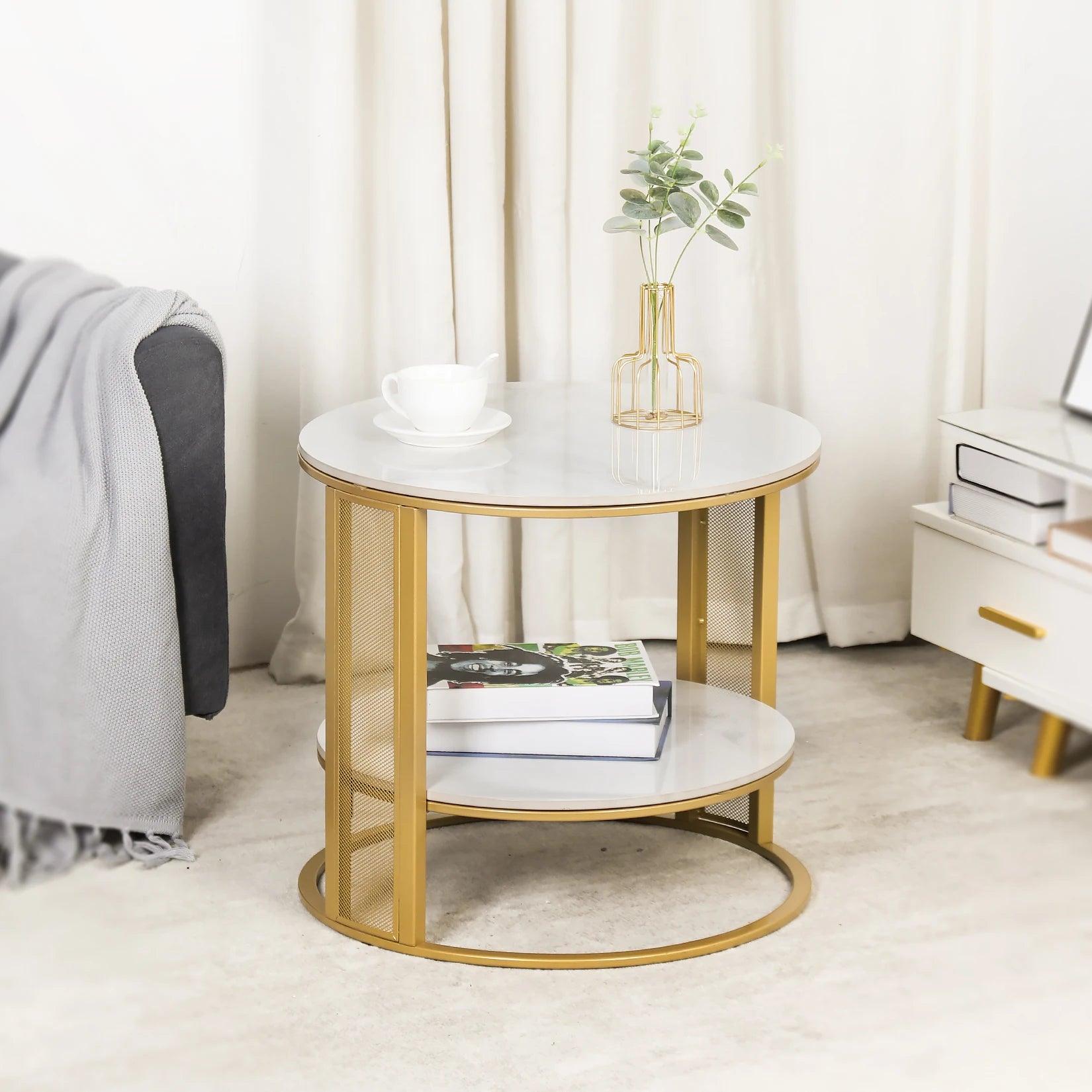 2 Tier Marble Effect Coffee Table Large Sofa Side End Table Golden Metal Frame - Buy Cheaply Furniture