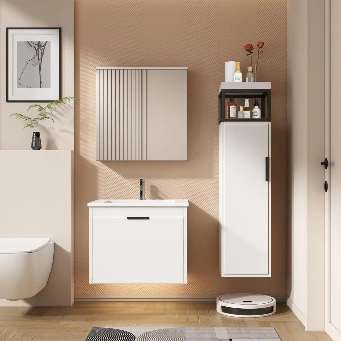 White Wall Mounting Bathroom Cabinet with Storage Compartments, Adjustable Shelves, 30 x 30 x 120 cm - Buy Cheaply Furniture